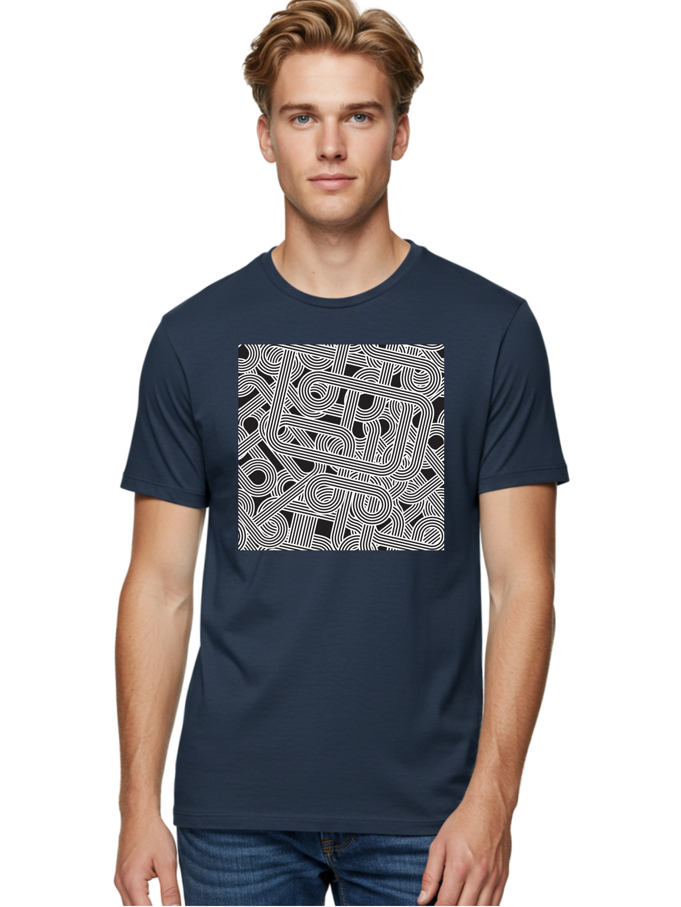 Interconnected-Loops Men'S Graphic Tee, 100% Cotton, Comfortable Casual Summer Wear, Machine Washable, Abstract Pattern, Interconnected Lines, Geometric Shapes, Black And White Design, Modern Art, Optical Illusion, Intricate Details, Aac398 20