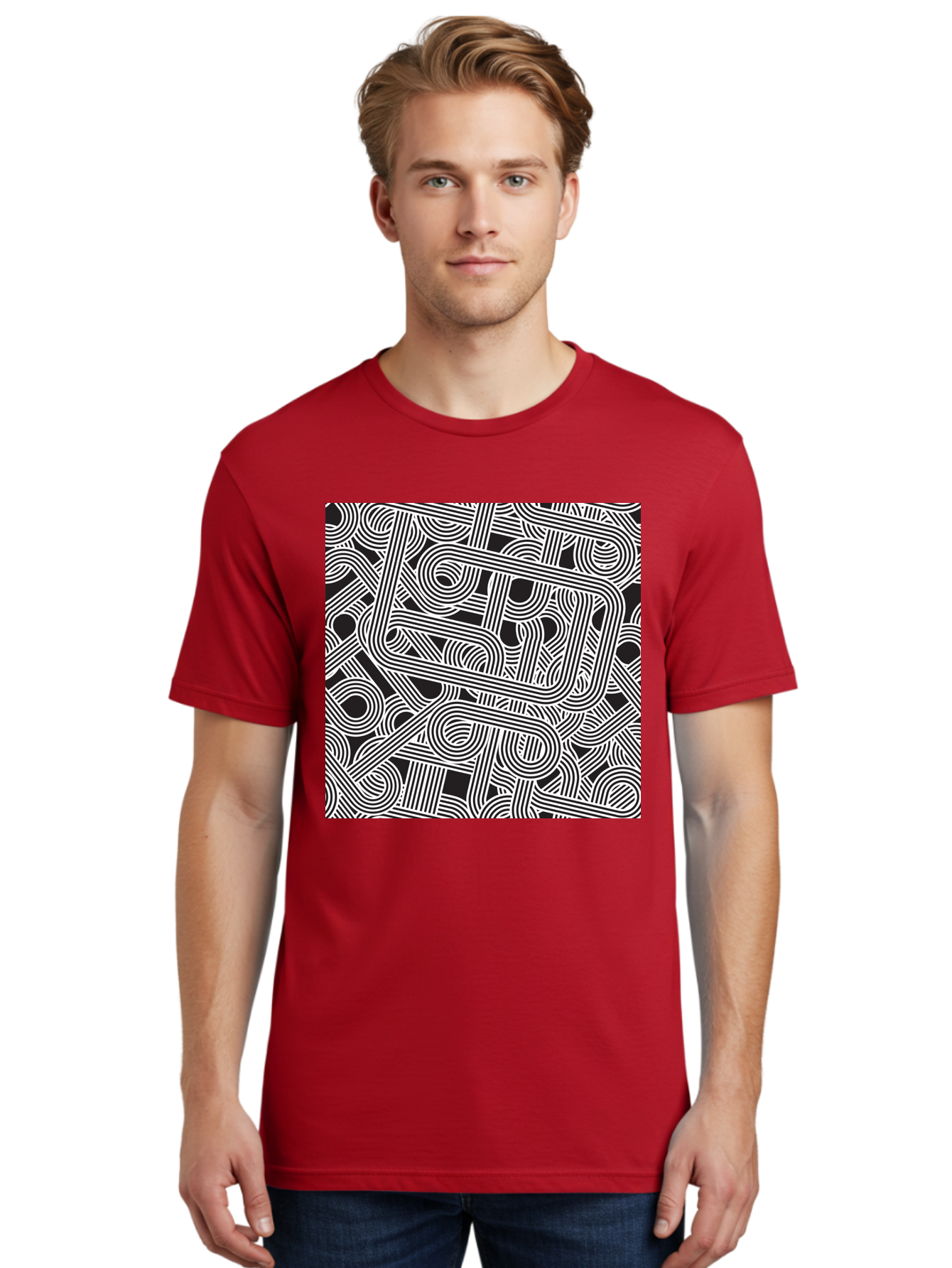 Interconnected-Loops Men'S Graphic Tee, 100% Cotton, Comfortable Casual Summer Wear, Machine Washable, Abstract Pattern, Interconnected Lines, Geometric Shapes, Black And White Design, Modern Art, Optical Illusion, Intricate Details, Aac398 14
