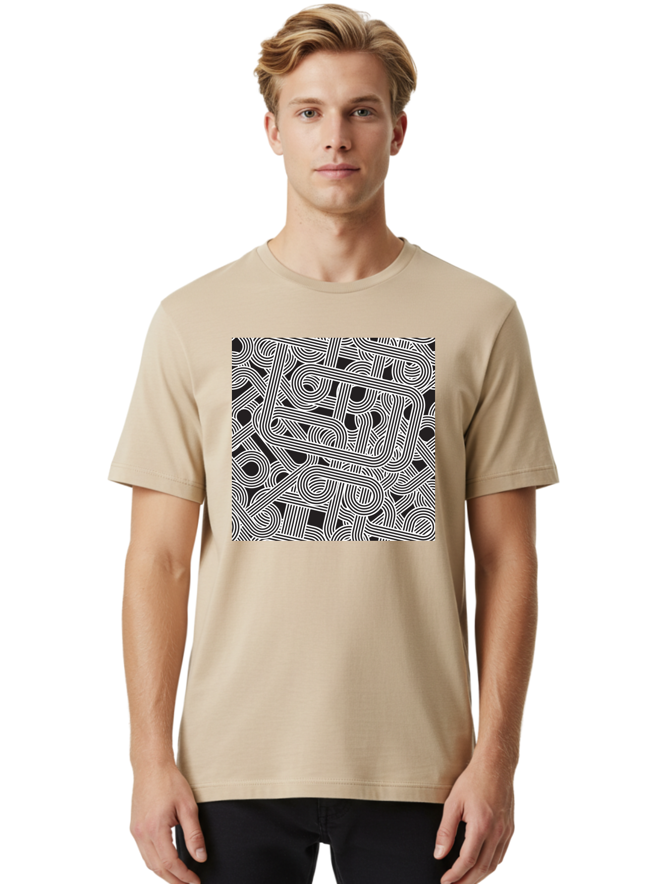 Interconnected-Loops Men'S Graphic Tee, 100% Cotton, Comfortable Casual Summer Wear, Machine Washable, Abstract Pattern, Interconnected Lines, Geometric Shapes, Black And White Design, Modern Art, Optical Illusion, Intricate Details, Aac398 16