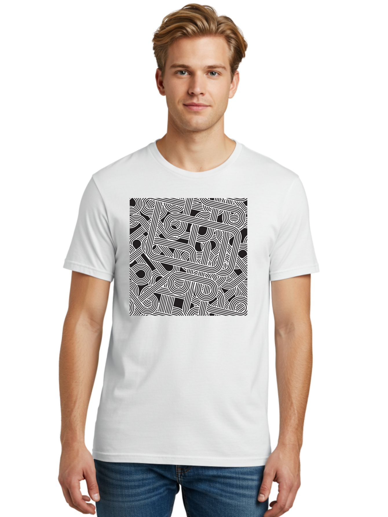 Interconnected-Loops Men'S Graphic Tee, 100% Cotton, Comfortable Casual Summer Wear, Machine Washable, Abstract Pattern, Interconnected Lines, Geometric Shapes, Black And White Design, Modern Art, Optical Illusion, Intricate Details, Aac398