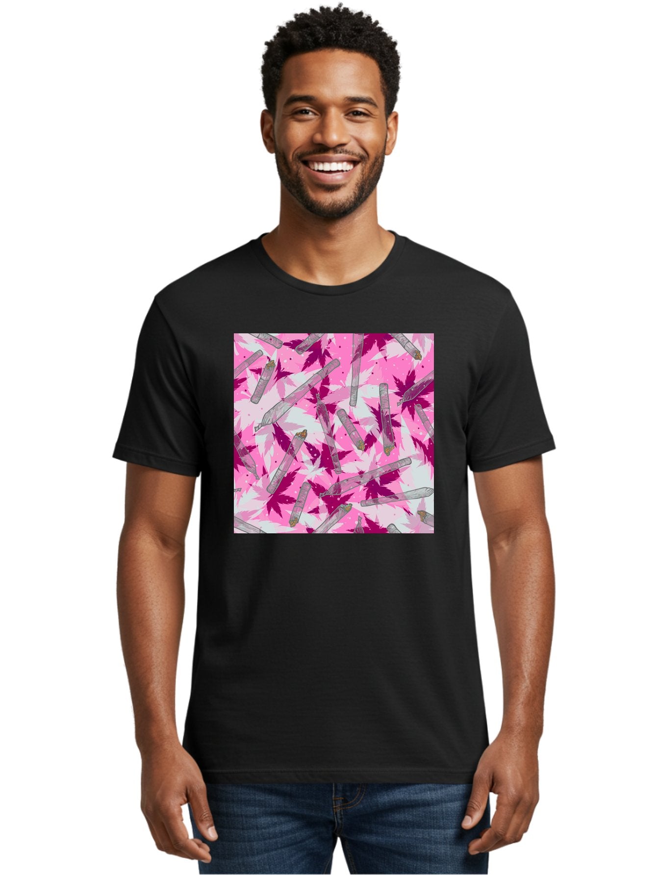 Joints-And-Marijuana-Leaves Men'S Graphic Tee, 100% Cotton, Comfortable Casual Summer Wear, Machine Washable, Cannabis Culture, Marijuana Leaves, Joints, Pink And Purple Hues, Cannabis Art, Weed Patterns, Smoking Accessories, Vibrant Colors, Aac399 19