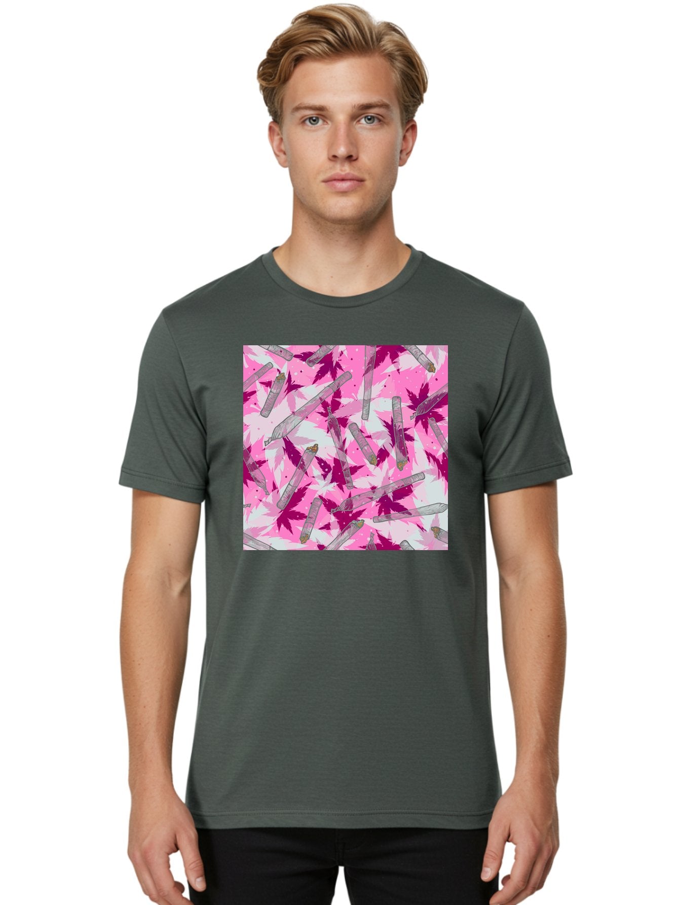 Joints-And-Marijuana-Leaves Men'S Graphic Tee, 100% Cotton, Comfortable Casual Summer Wear, Machine Washable, Cannabis Culture, Marijuana Leaves, Joints, Pink And Purple Hues, Cannabis Art, Weed Patterns, Smoking Accessories, Vibrant Colors, Aac399 27