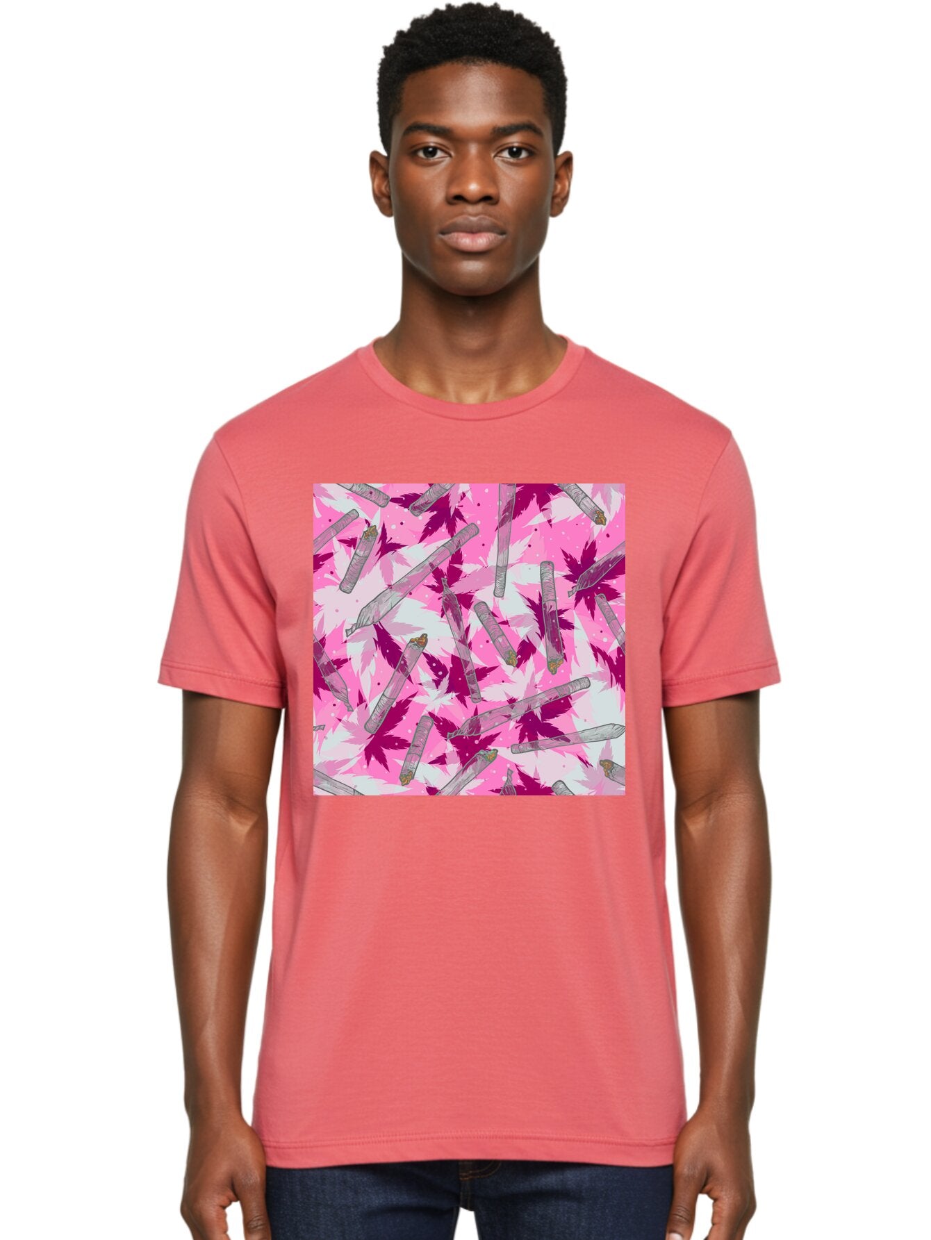 Joints-And-Marijuana-Leaves Men'S Graphic Tee, 100% Cotton, Comfortable Casual Summer Wear, Machine Washable, Cannabis Culture, Marijuana Leaves, Joints, Pink And Purple Hues, Cannabis Art, Weed Patterns, Smoking Accessories, Vibrant Colors, Aac399 29