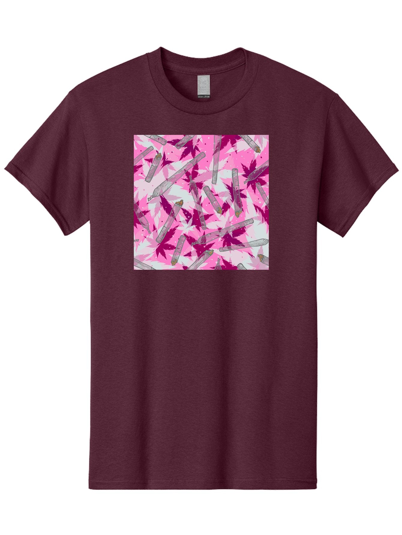 Joints-And-Marijuana-Leaves Men'S Graphic Tee, 100% Cotton, Comfortable Casual Summer Wear, Machine Washable, Cannabis Culture, Marijuana Leaves, Joints, Pink And Purple Hues, Cannabis Art, Weed Patterns, Smoking Accessories, Vibrant Colors, Aac399 4