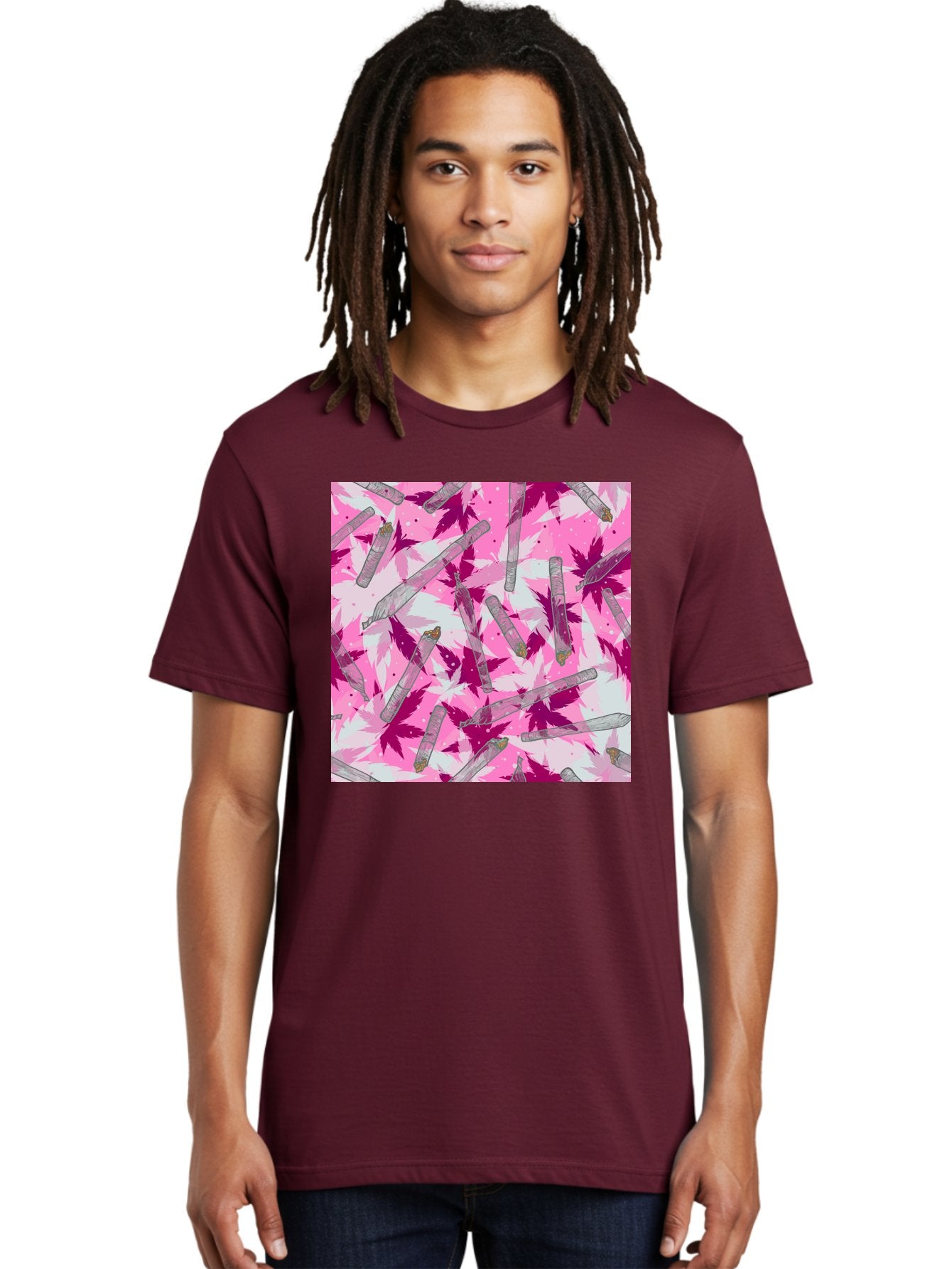 Joints-And-Marijuana-Leaves Men'S Graphic Tee, 100% Cotton, Comfortable Casual Summer Wear, Machine Washable, Cannabis Culture, Marijuana Leaves, Joints, Pink And Purple Hues, Cannabis Art, Weed Patterns, Smoking Accessories, Vibrant Colors, Aac399 18