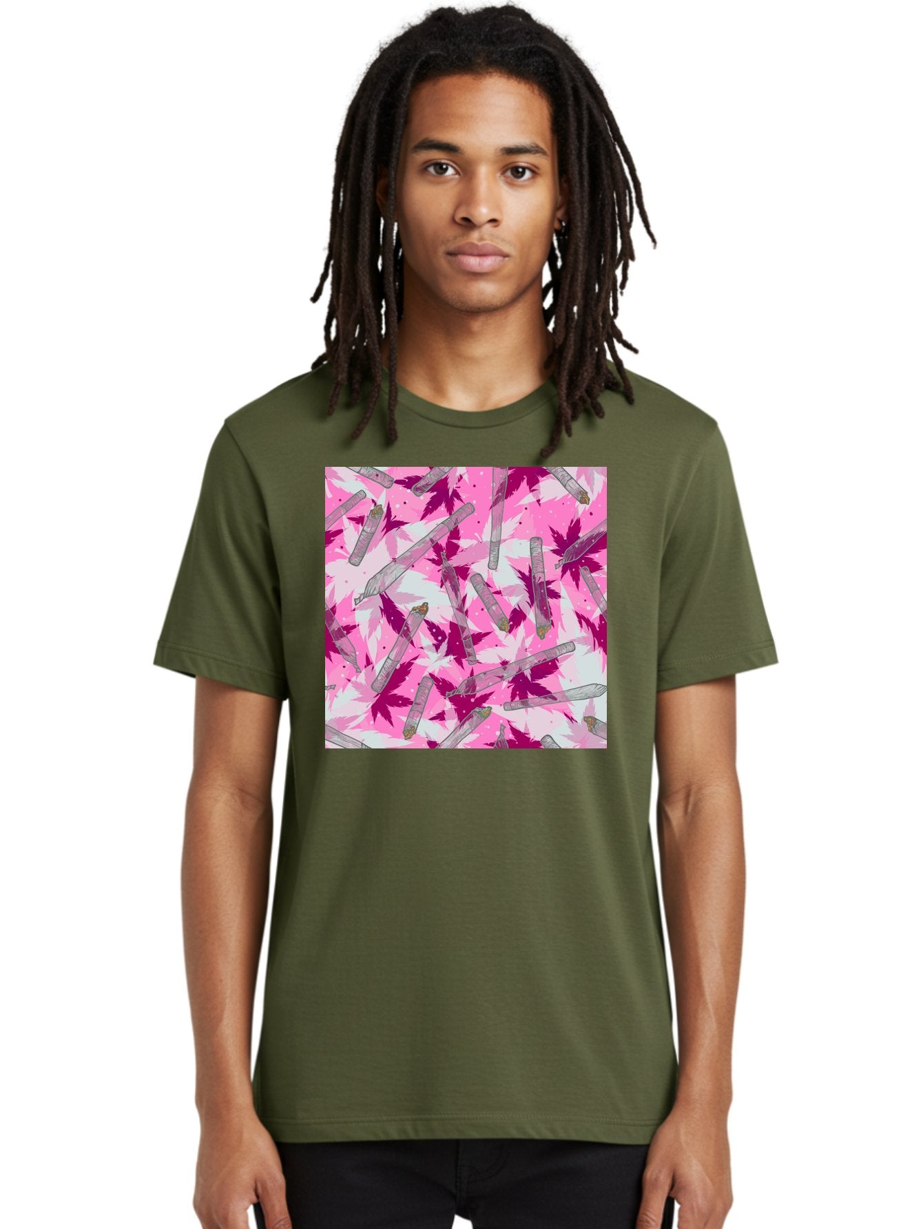 Joints-And-Marijuana-Leaves Men'S Graphic Tee, 100% Cotton, Comfortable Casual Summer Wear, Machine Washable, Cannabis Culture, Marijuana Leaves, Joints, Pink And Purple Hues, Cannabis Art, Weed Patterns, Smoking Accessories, Vibrant Colors, Aac399 20