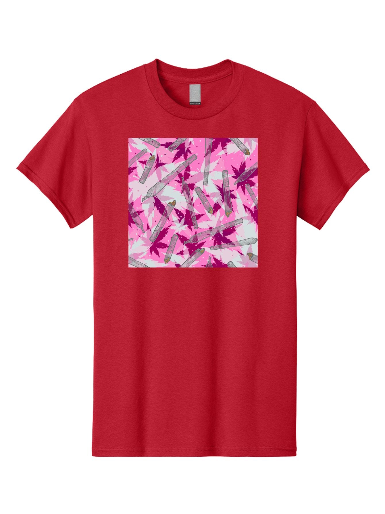 Joints-And-Marijuana-Leaves Men'S Graphic Tee, 100% Cotton, Comfortable Casual Summer Wear, Machine Washable, Cannabis Culture, Marijuana Leaves, Joints, Pink And Purple Hues, Cannabis Art, Weed Patterns, Smoking Accessories, Vibrant Colors, Aac399 5