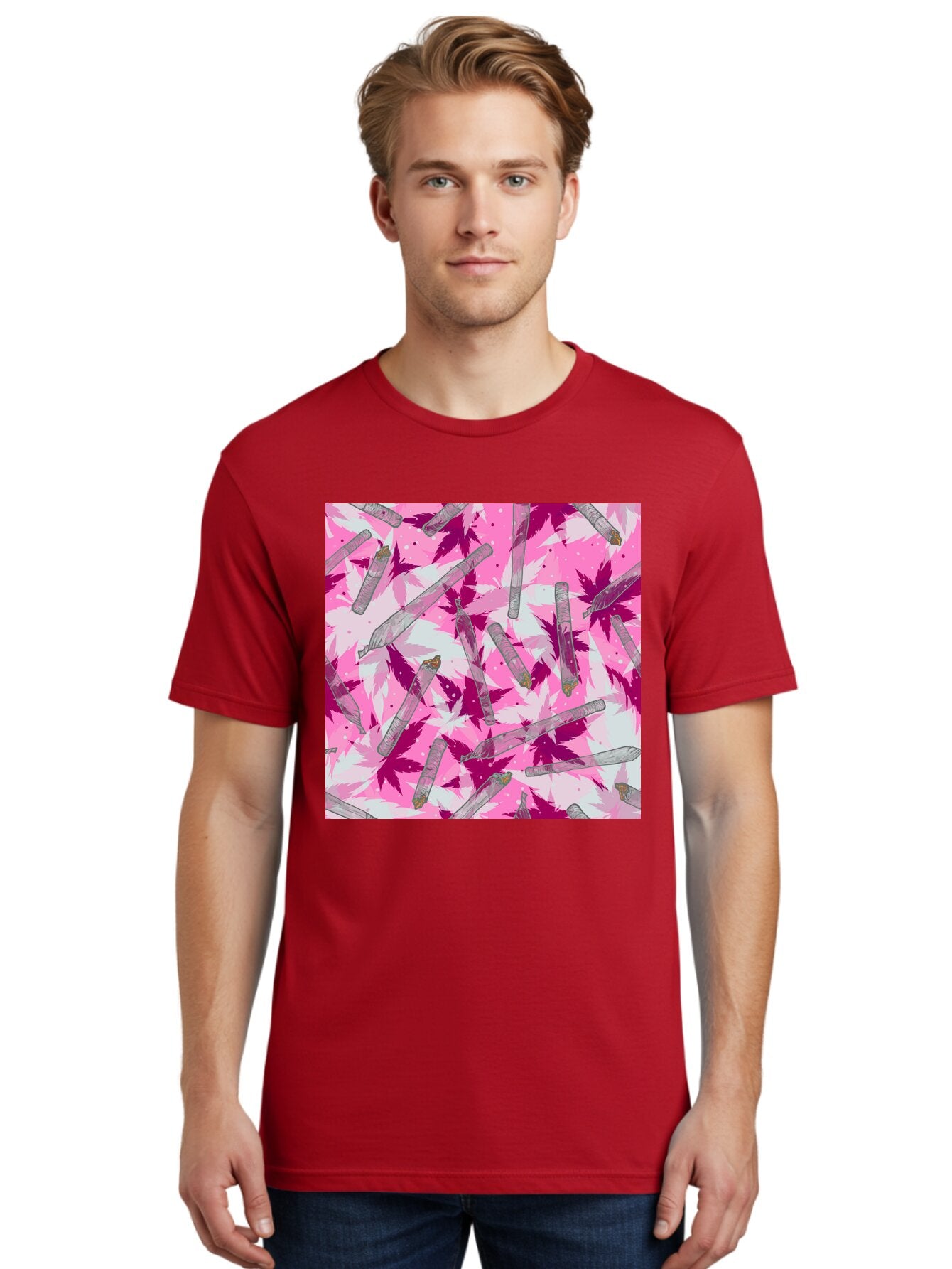 Joints-And-Marijuana-Leaves Men'S Graphic Tee, 100% Cotton, Comfortable Casual Summer Wear, Machine Washable, Cannabis Culture, Marijuana Leaves, Joints, Pink And Purple Hues, Cannabis Art, Weed Patterns, Smoking Accessories, Vibrant Colors, Aac399 23