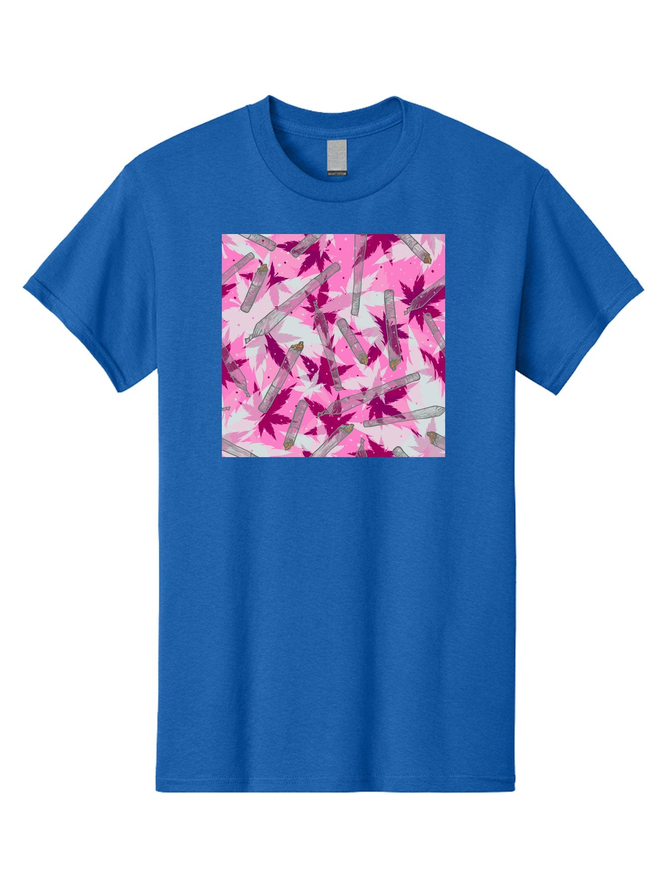 Joints-And-Marijuana-Leaves Men'S Graphic Tee, 100% Cotton, Comfortable Casual Summer Wear, Machine Washable, Cannabis Culture, Marijuana Leaves, Joints, Pink And Purple Hues, Cannabis Art, Weed Patterns, Smoking Accessories, Vibrant Colors, Aac399 12