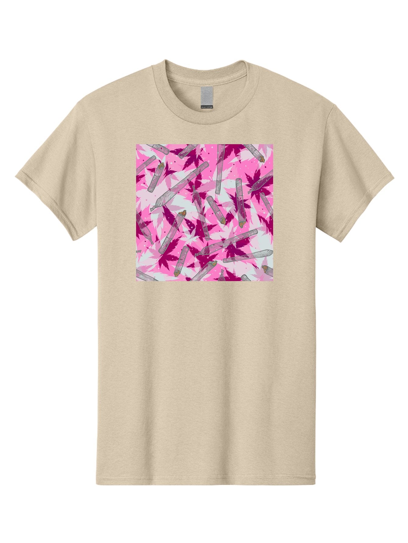 Joints-And-Marijuana-Leaves Men'S Graphic Tee, 100% Cotton, Comfortable Casual Summer Wear, Machine Washable, Cannabis Culture, Marijuana Leaves, Joints, Pink And Purple Hues, Cannabis Art, Weed Patterns, Smoking Accessories, Vibrant Colors, Aac399 15