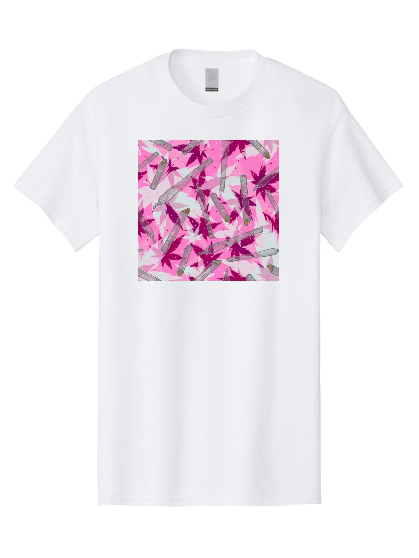 Joints-And-Marijuana-Leaves Men'S Graphic Tee, 100% Cotton, Comfortable Casual Summer Wear, Machine Washable, Cannabis Culture, Marijuana Leaves, Joints, Pink And Purple Hues, Cannabis Art, Weed Patterns, Smoking Accessories, Vibrant Colors, Aac399 6