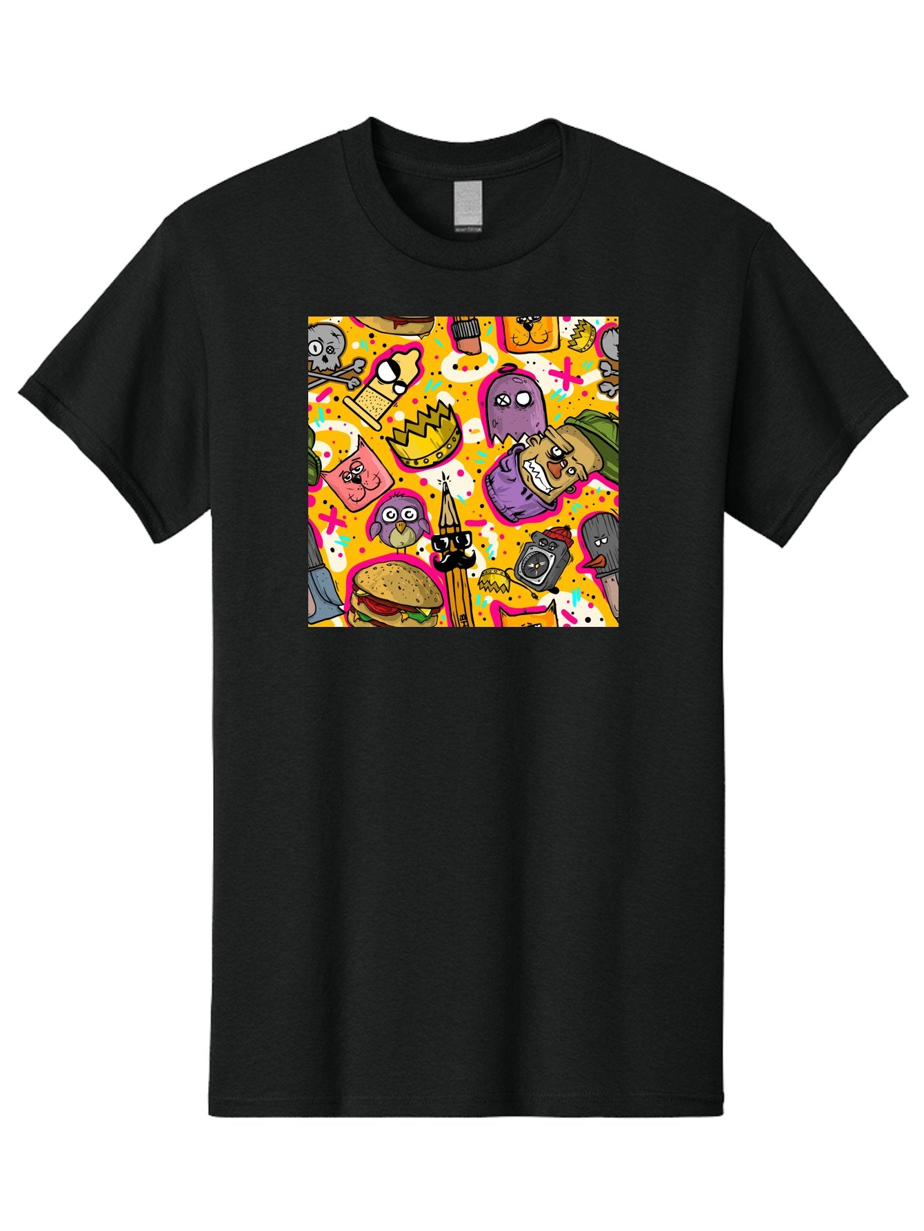 Kawaii-Characters Men'S Graphic Tee, 100% Cotton, Comfortable Casual Summer Wear, Machine Washable, Quirky Cartoon Characters, Whimsical Pattern, Playful Doodles, Cartoon Crowns, Doodle Art, Cartoon Ghosts, Funny Characters, Hamburger, Tower, Aac400 12