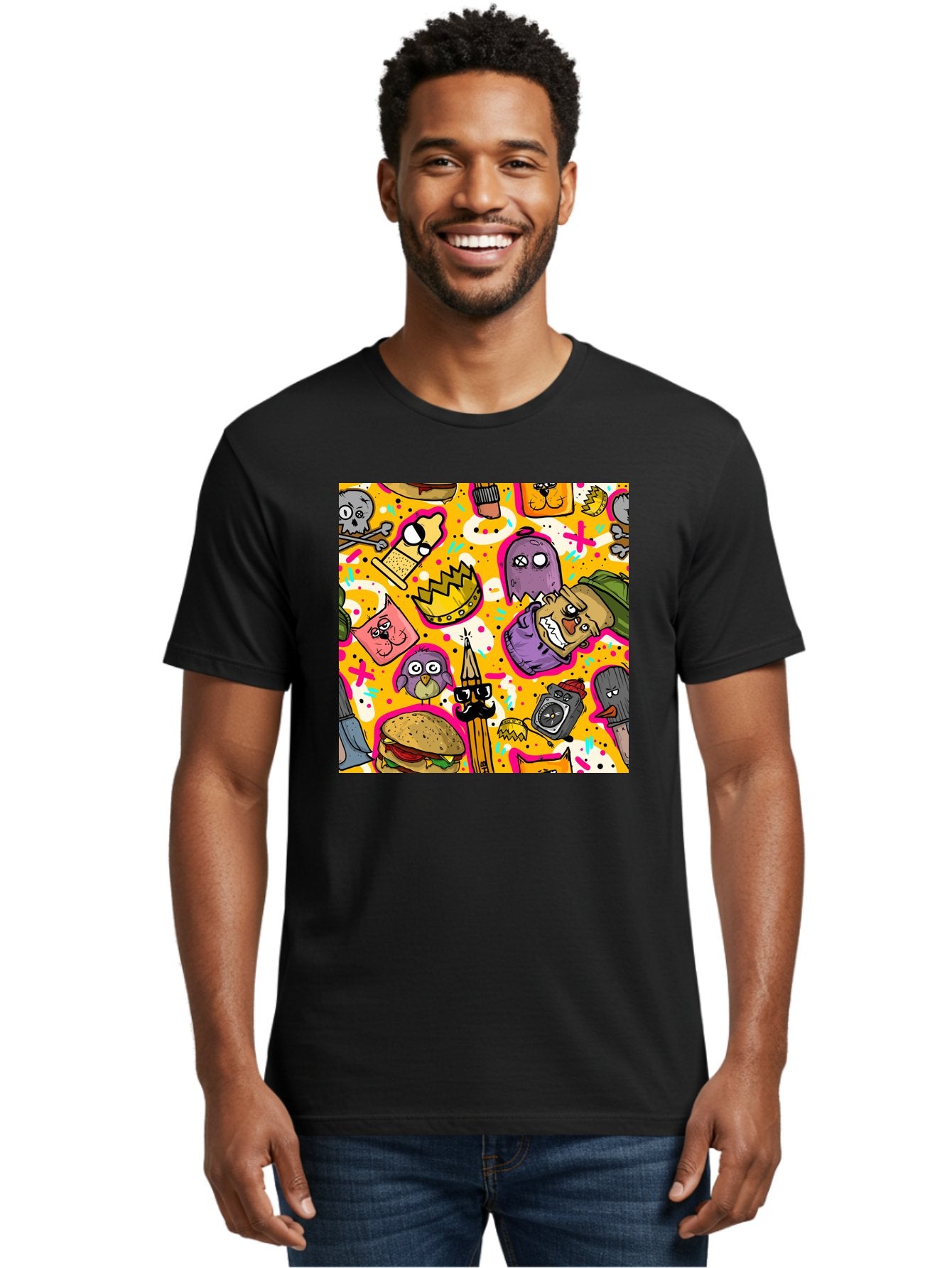 Kawaii-Characters Men'S Graphic Tee, 100% Cotton, Comfortable Casual Summer Wear, Machine Washable, Quirky Cartoon Characters, Whimsical Pattern, Playful Doodles, Cartoon Crowns, Doodle Art, Cartoon Ghosts, Funny Characters, Hamburger, Tower, Aac400 28