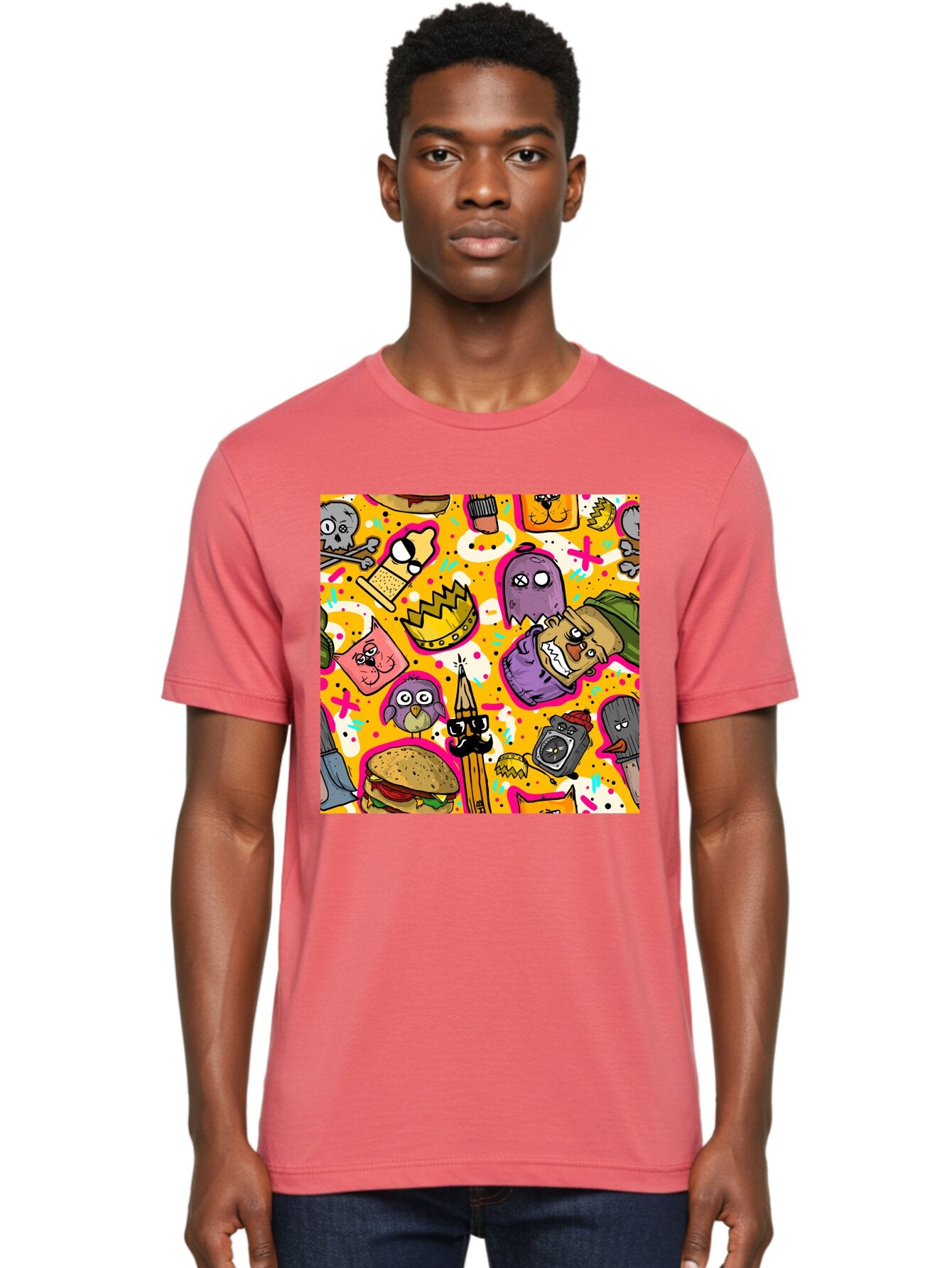 Kawaii-Characters Men'S Graphic Tee, 100% Cotton, Comfortable Casual Summer Wear, Machine Washable, Quirky Cartoon Characters, Whimsical Pattern, Playful Doodles, Cartoon Crowns, Doodle Art, Cartoon Ghosts, Funny Characters, Hamburger, Tower, Aac400 30