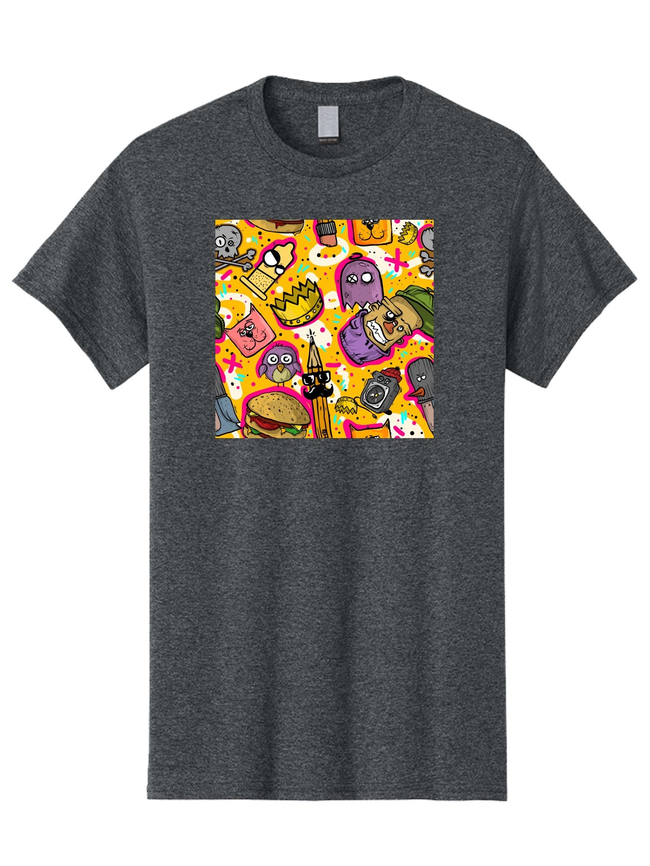 Kawaii-Characters Men'S Graphic Tee, 100% Cotton, Comfortable Casual Summer Wear, Machine Washable, Quirky Cartoon Characters, Whimsical Pattern, Playful Doodles, Cartoon Crowns, Doodle Art, Cartoon Ghosts, Funny Characters, Hamburger, Tower, Aac400