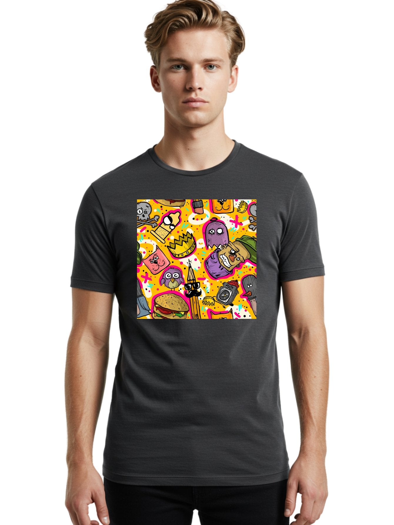 Kawaii-Characters Men'S Graphic Tee, 100% Cotton, Comfortable Casual Summer Wear, Machine Washable, Quirky Cartoon Characters, Whimsical Pattern, Playful Doodles, Cartoon Crowns, Doodle Art, Cartoon Ghosts, Funny Characters, Hamburger, Tower, Aac400 21