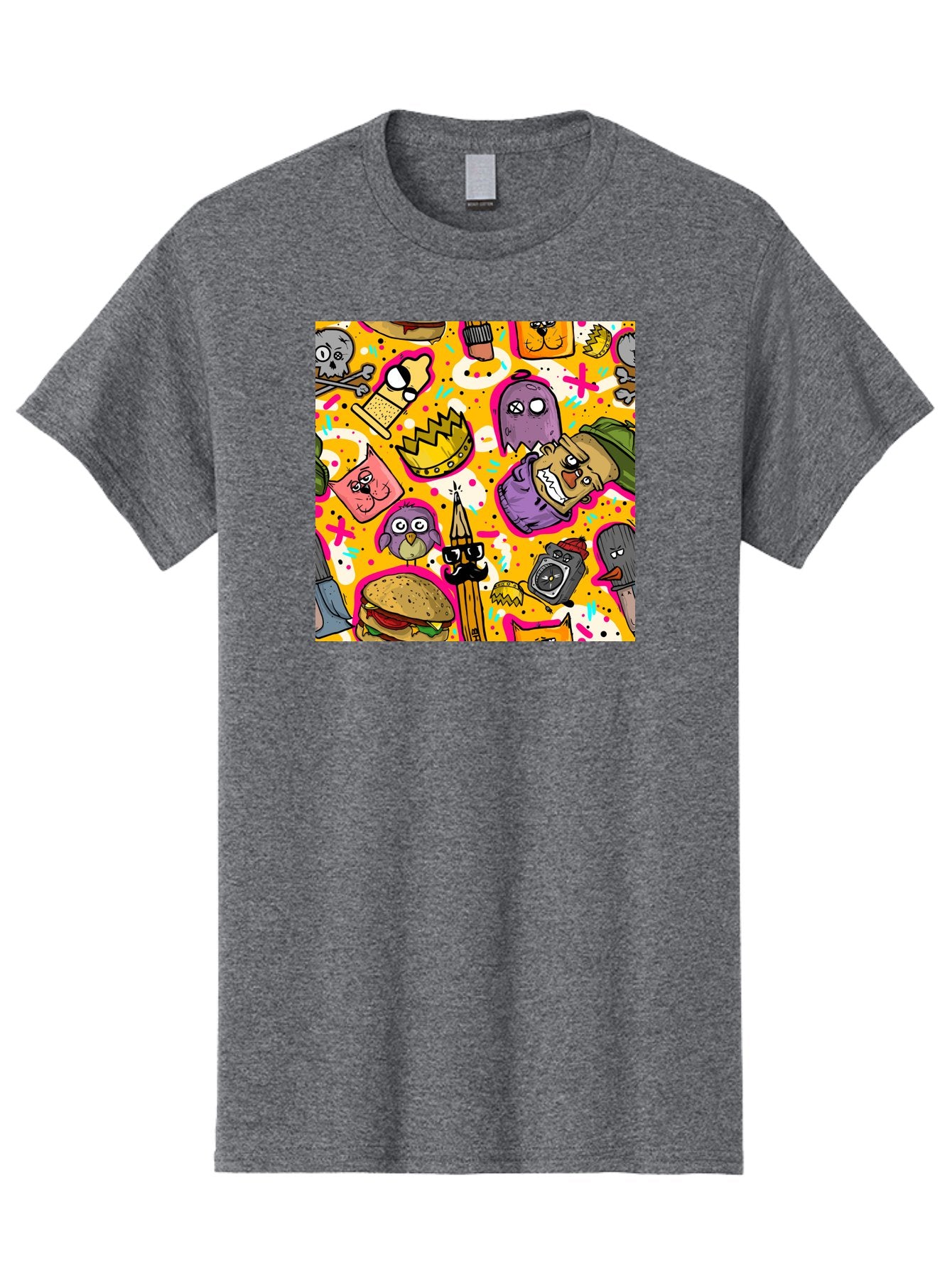 Kawaii-Characters Men'S Graphic Tee, 100% Cotton, Comfortable Casual Summer Wear, Machine Washable, Quirky Cartoon Characters, Whimsical Pattern, Playful Doodles, Cartoon Crowns, Doodle Art, Cartoon Ghosts, Funny Characters, Hamburger, Tower, Aac400 4