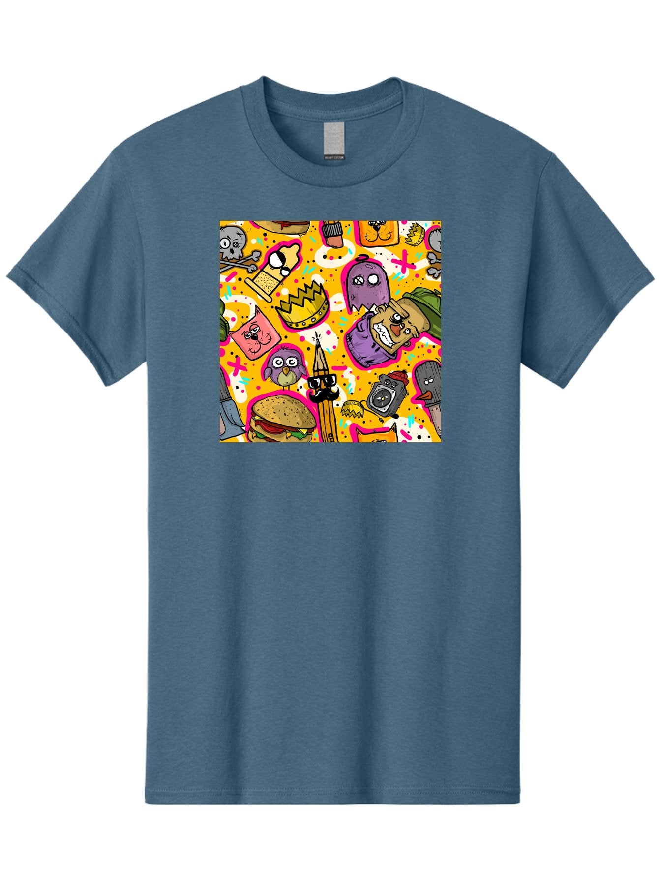 Kawaii-Characters Men'S Graphic Tee, 100% Cotton, Comfortable Casual Summer Wear, Machine Washable, Quirky Cartoon Characters, Whimsical Pattern, Playful Doodles, Cartoon Crowns, Doodle Art, Cartoon Ghosts, Funny Characters, Hamburger, Tower, Aac400 7