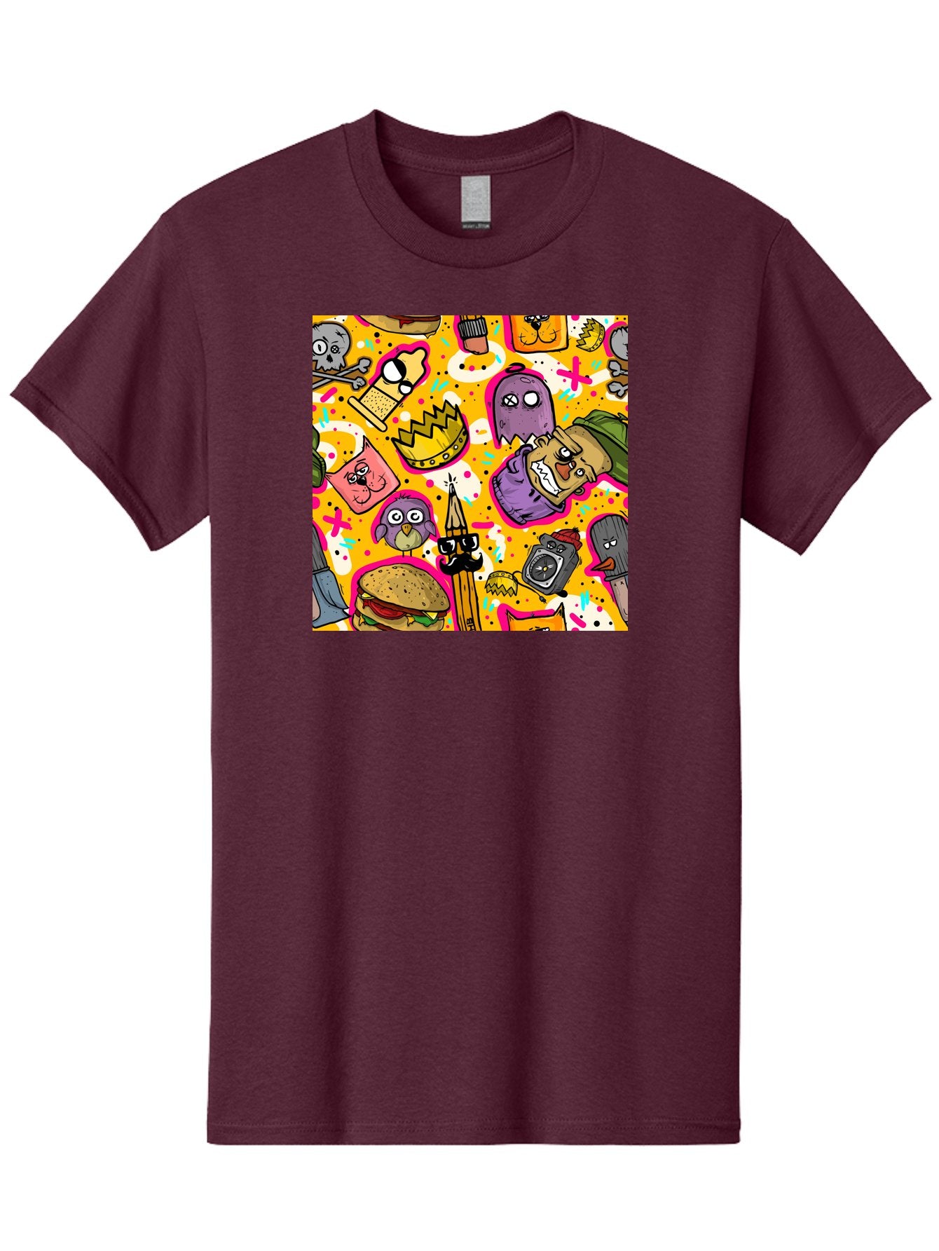 Kawaii-Characters Men'S Graphic Tee, 100% Cotton, Comfortable Casual Summer Wear, Machine Washable, Quirky Cartoon Characters, Whimsical Pattern, Playful Doodles, Cartoon Crowns, Doodle Art, Cartoon Ghosts, Funny Characters, Hamburger, Tower, Aac400 9