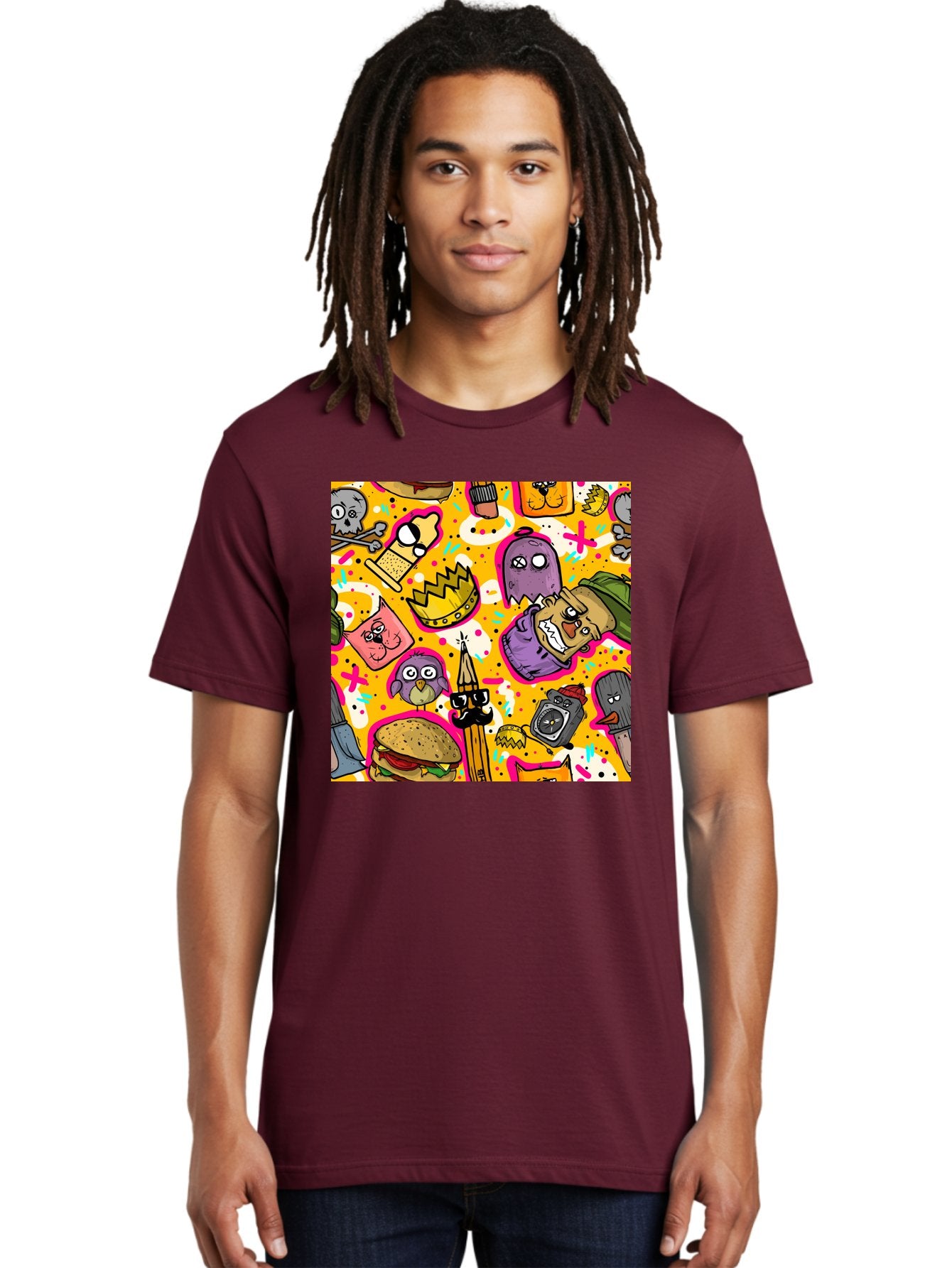 Kawaii-Characters Men'S Graphic Tee, 100% Cotton, Comfortable Casual Summer Wear, Machine Washable, Quirky Cartoon Characters, Whimsical Pattern, Playful Doodles, Cartoon Crowns, Doodle Art, Cartoon Ghosts, Funny Characters, Hamburger, Tower, Aac400 26