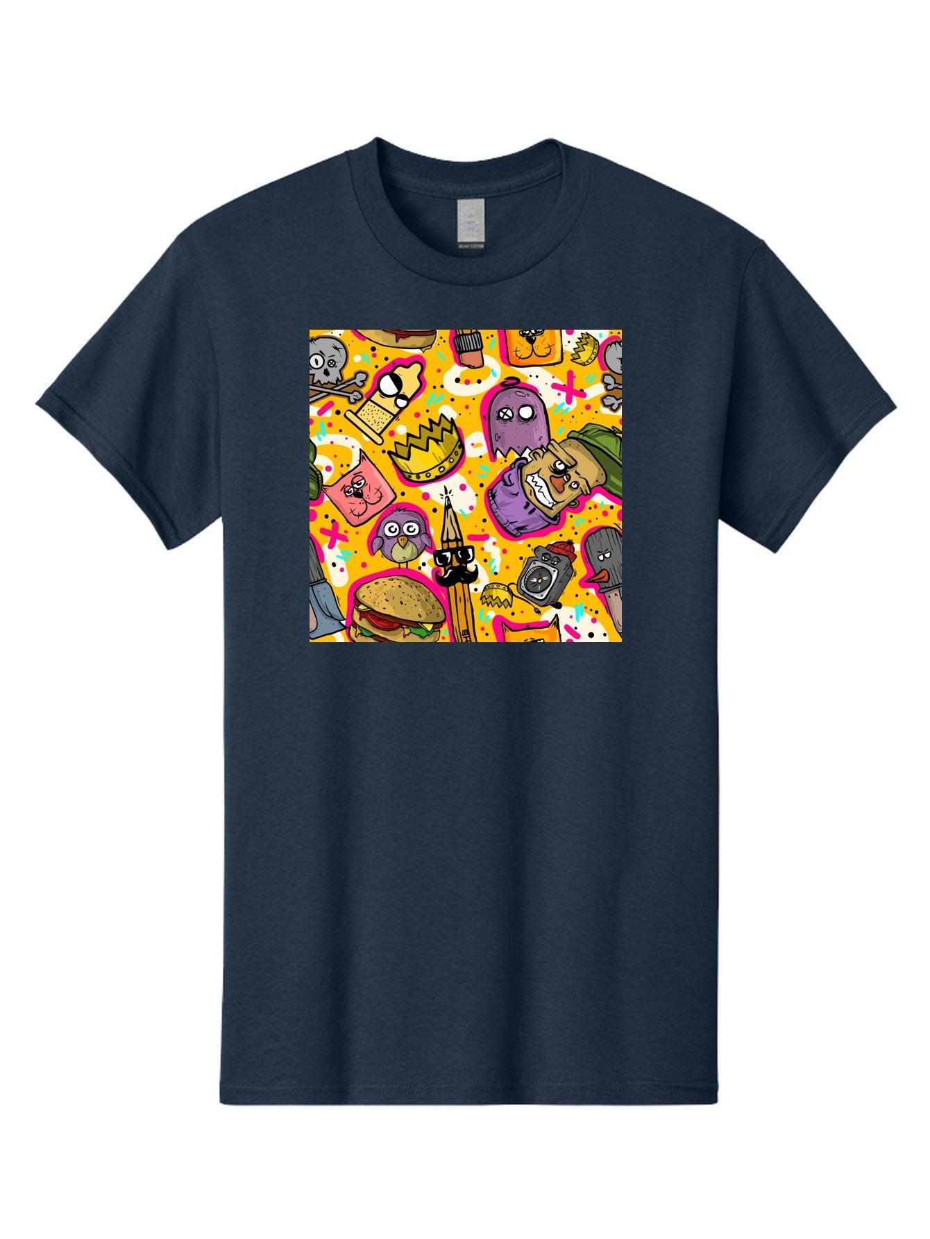 Kawaii-Characters Men'S Graphic Tee, 100% Cotton, Comfortable Casual Summer Wear, Machine Washable, Quirky Cartoon Characters, Whimsical Pattern, Playful Doodles, Cartoon Crowns, Doodle Art, Cartoon Ghosts, Funny Characters, Hamburger, Tower, Aac400 11