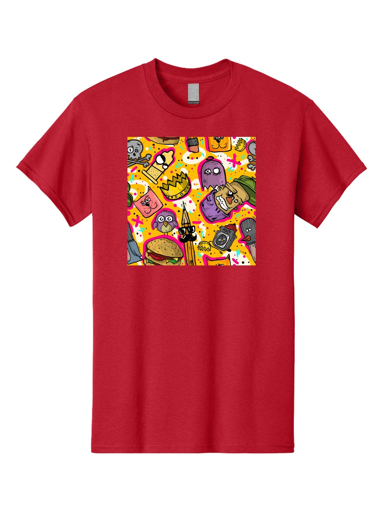 Kawaii-Characters Men'S Graphic Tee, 100% Cotton, Comfortable Casual Summer Wear, Machine Washable, Quirky Cartoon Characters, Whimsical Pattern, Playful Doodles, Cartoon Crowns, Doodle Art, Cartoon Ghosts, Funny Characters, Hamburger, Tower, Aac400 14