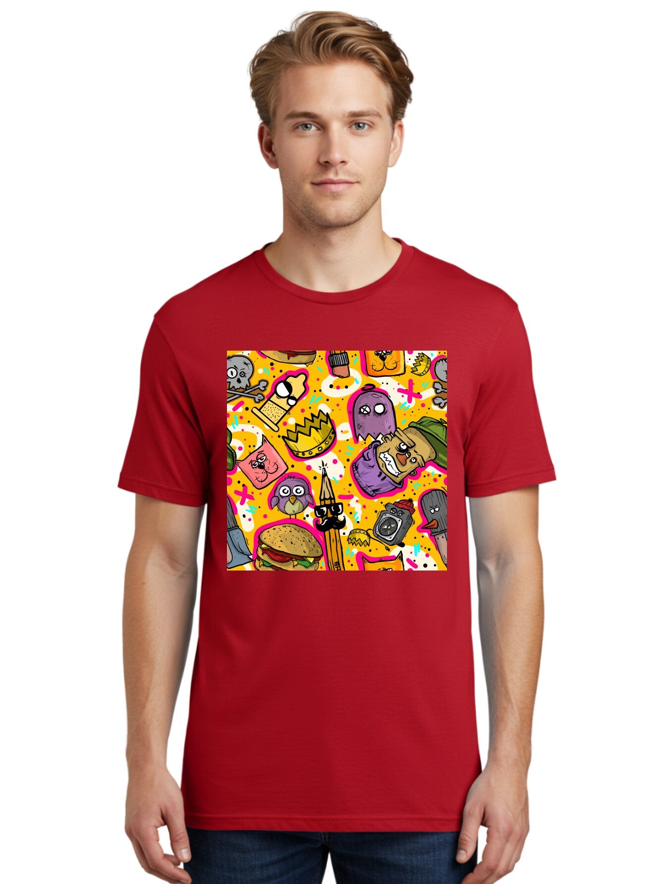 Kawaii-Characters Men'S Graphic Tee, 100% Cotton, Comfortable Casual Summer Wear, Machine Washable, Quirky Cartoon Characters, Whimsical Pattern, Playful Doodles, Cartoon Crowns, Doodle Art, Cartoon Ghosts, Funny Characters, Hamburger, Tower, Aac400 29