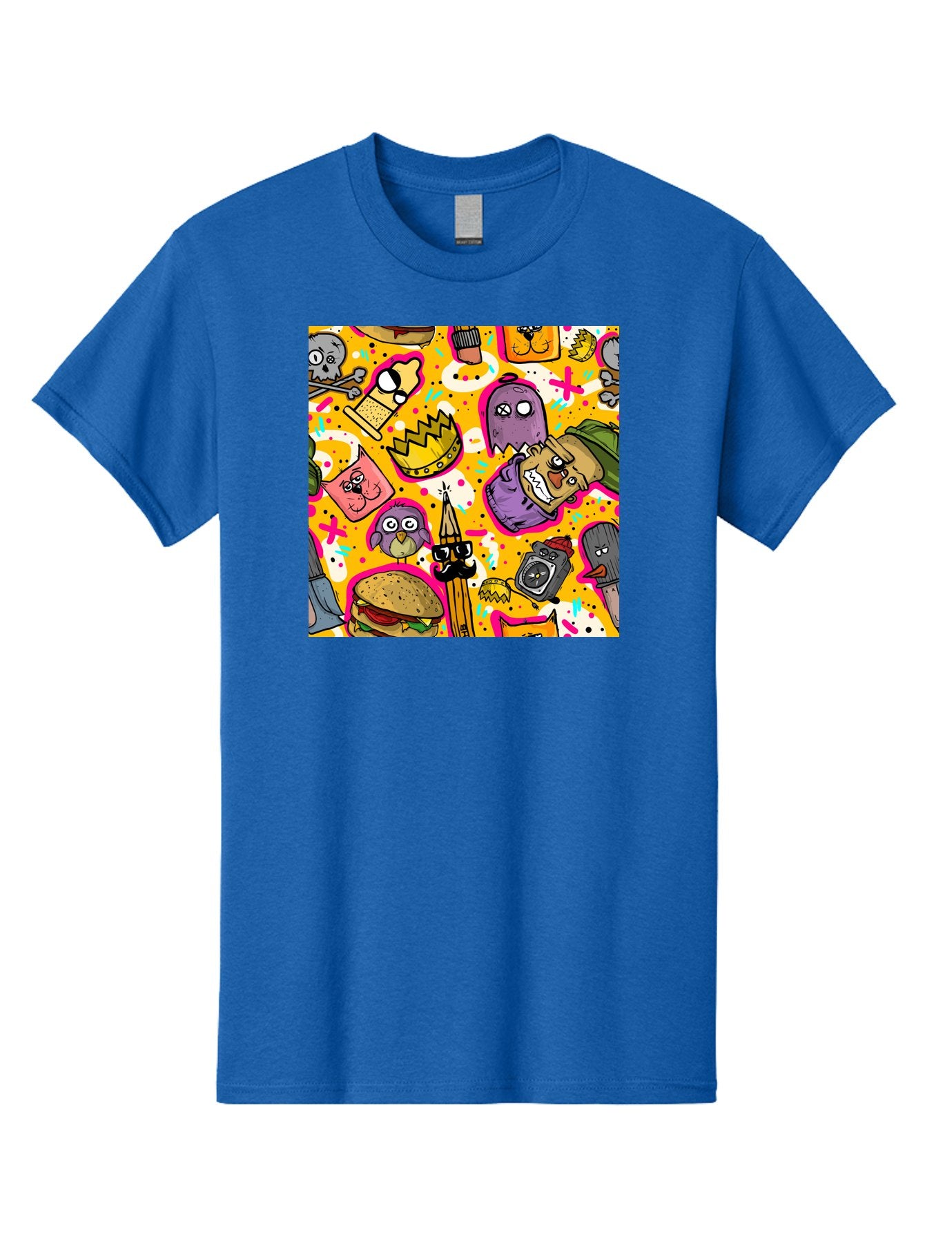 Kawaii-Characters Men'S Graphic Tee, 100% Cotton, Comfortable Casual Summer Wear, Machine Washable, Quirky Cartoon Characters, Whimsical Pattern, Playful Doodles, Cartoon Crowns, Doodle Art, Cartoon Ghosts, Funny Characters, Hamburger, Tower, Aac400 10