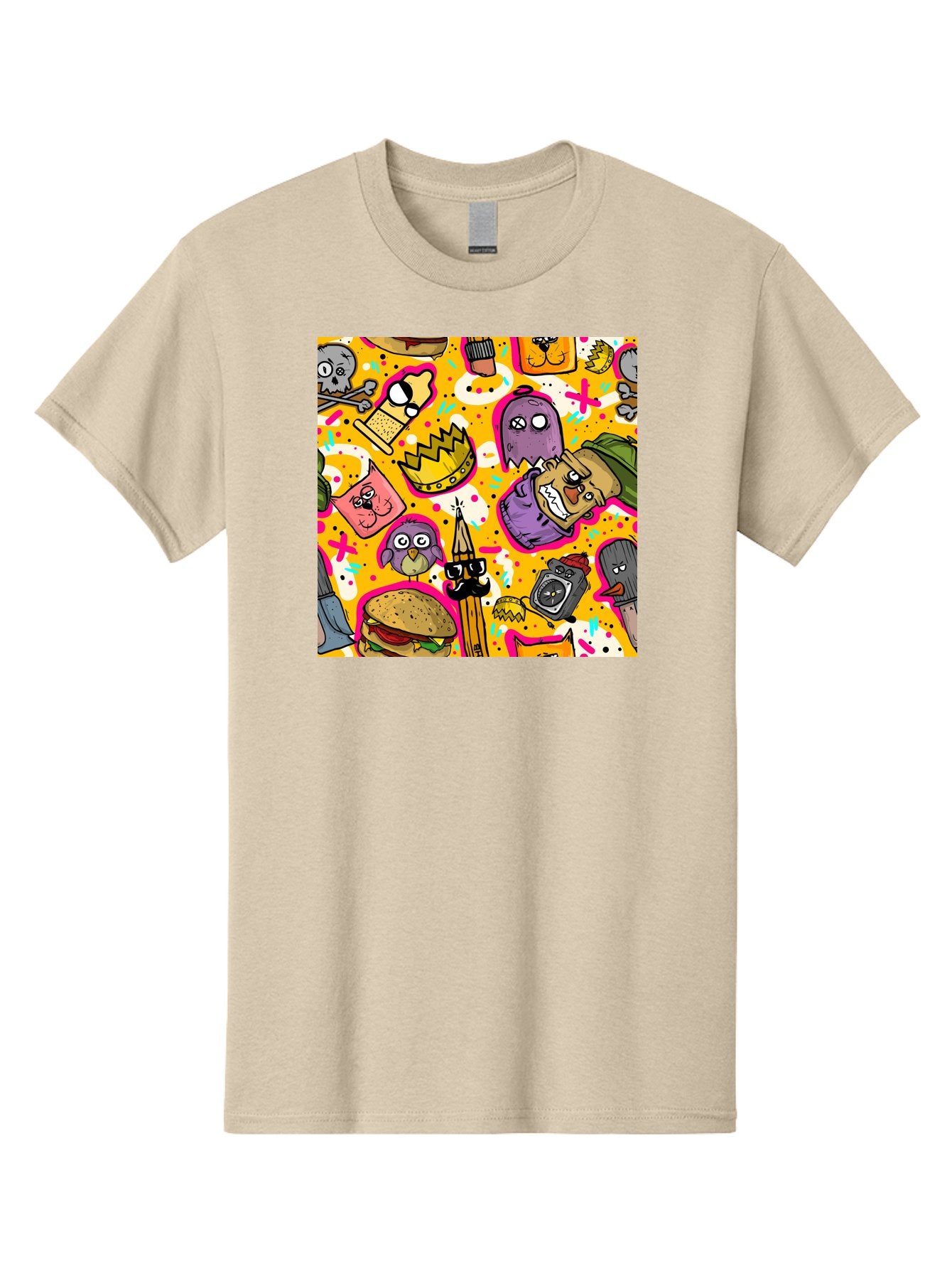 Kawaii-Characters Men'S Graphic Tee, 100% Cotton, Comfortable Casual Summer Wear, Machine Washable, Quirky Cartoon Characters, Whimsical Pattern, Playful Doodles, Cartoon Crowns, Doodle Art, Cartoon Ghosts, Funny Characters, Hamburger, Tower, Aac400 8