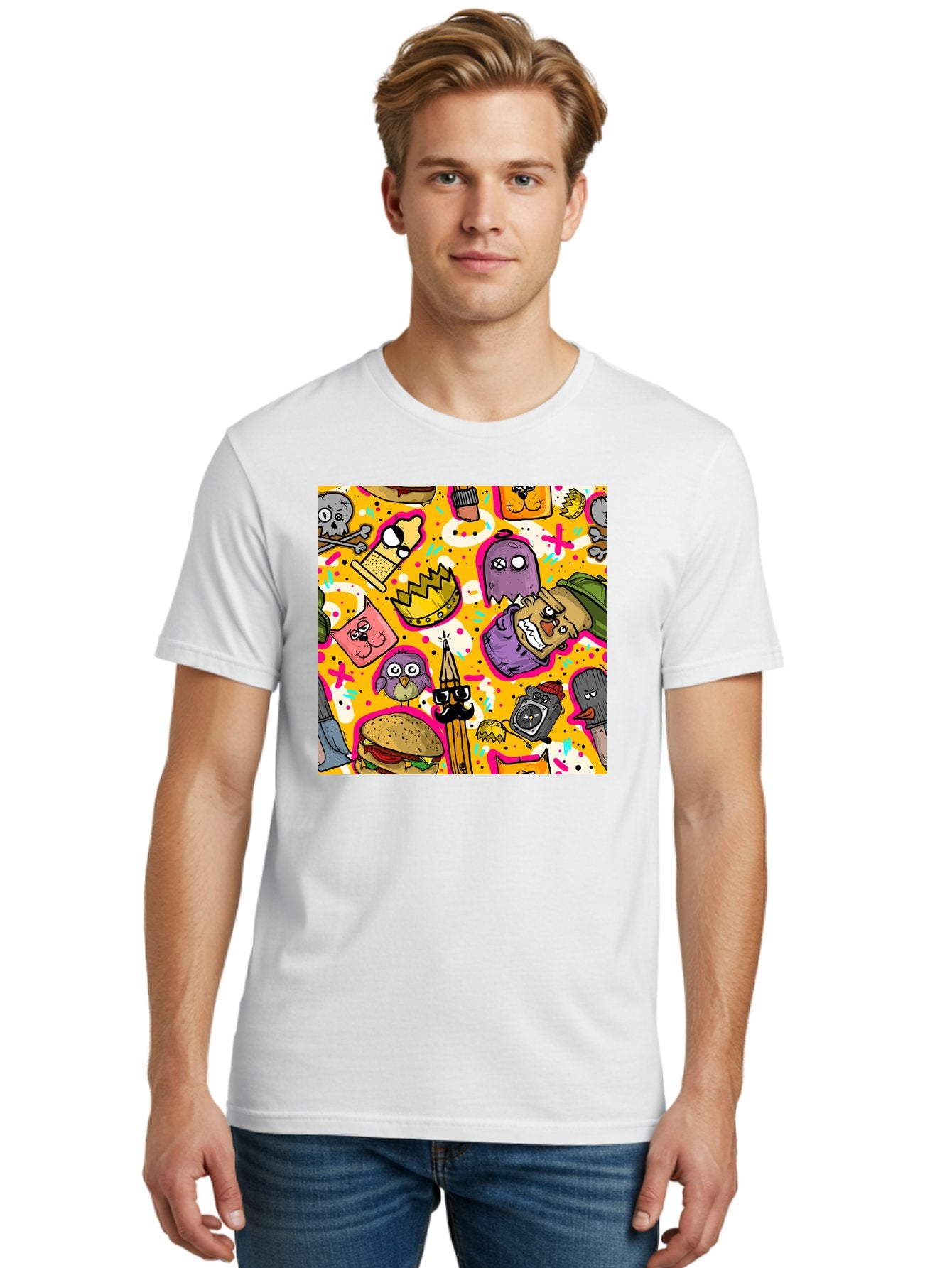 Kawaii-Characters Men'S Graphic Tee, 100% Cotton, Comfortable Casual Summer Wear, Machine Washable, Quirky Cartoon Characters, Whimsical Pattern, Playful Doodles, Cartoon Crowns, Doodle Art, Cartoon Ghosts, Funny Characters, Hamburger, Tower, Aac400 22