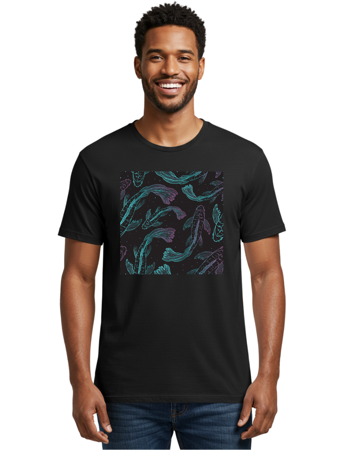 Koi-Fish-Pattern Men'S Graphic Tee, 100% Cotton, Comfortable Casual Summer Wear, Machine Washable, Koi Fish Pattern, Neon Koi, Fish Illustration, Aquatic Design, Vibrant Colors, Whimsical Artwork, Abstract Fish, Digital Art, Koi Fish Art, Aac401 18