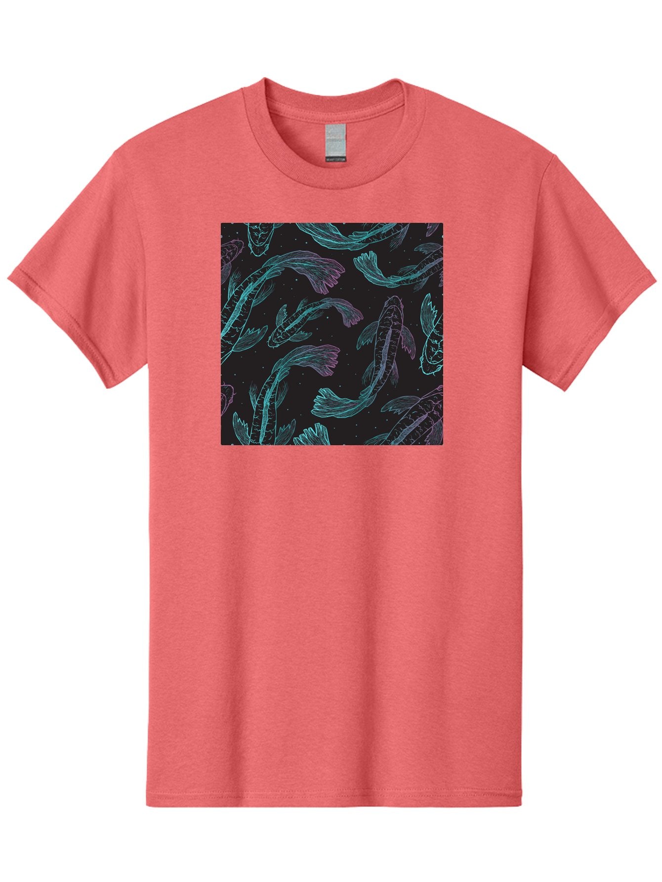 Koi-Fish-Pattern Men'S Graphic Tee, 100% Cotton, Comfortable Casual Summer Wear, Machine Washable, Koi Fish Pattern, Neon Koi, Fish Illustration, Aquatic Design, Vibrant Colors, Whimsical Artwork, Abstract Fish, Digital Art, Koi Fish Art, Aac401
