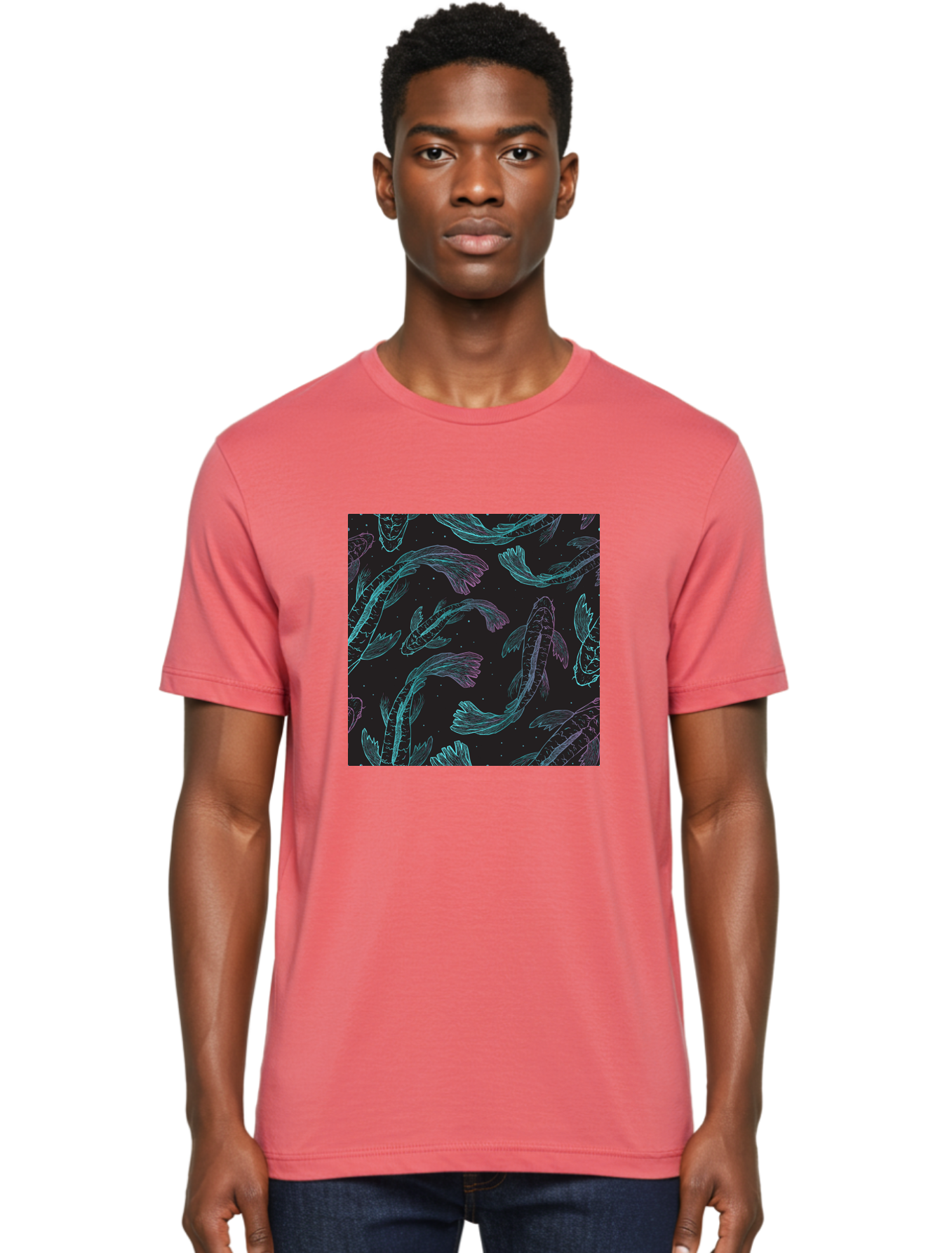 Koi-Fish-Pattern Men'S Graphic Tee, 100% Cotton, Comfortable Casual Summer Wear, Machine Washable, Koi Fish Pattern, Neon Koi, Fish Illustration, Aquatic Design, Vibrant Colors, Whimsical Artwork, Abstract Fish, Digital Art, Koi Fish Art, Aac401 20