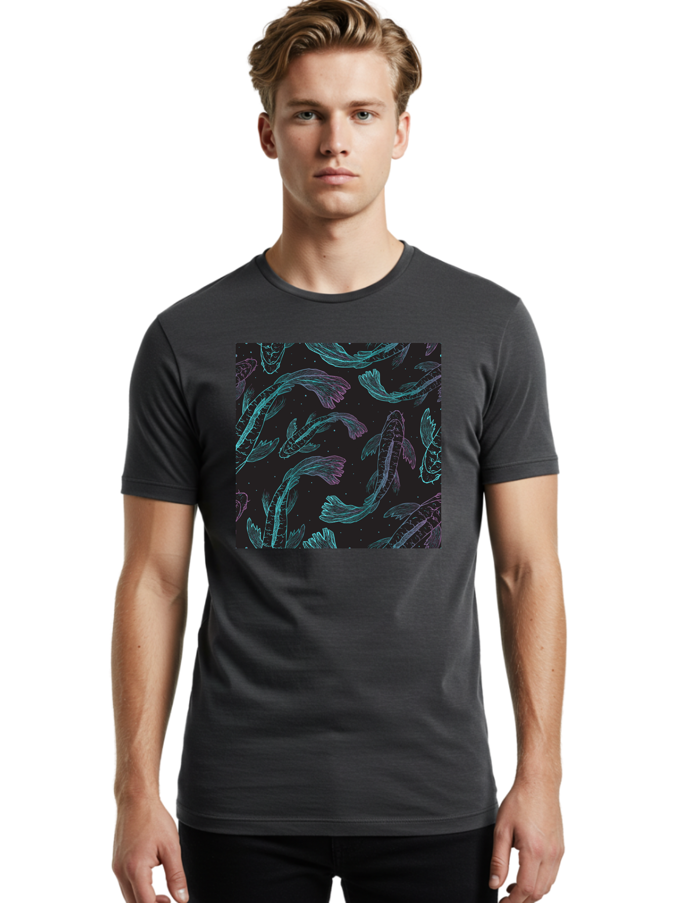 Koi-Fish-Pattern Men'S Graphic Tee, 100% Cotton, Comfortable Casual Summer Wear, Machine Washable, Koi Fish Pattern, Neon Koi, Fish Illustration, Aquatic Design, Vibrant Colors, Whimsical Artwork, Abstract Fish, Digital Art, Koi Fish Art, Aac401 26