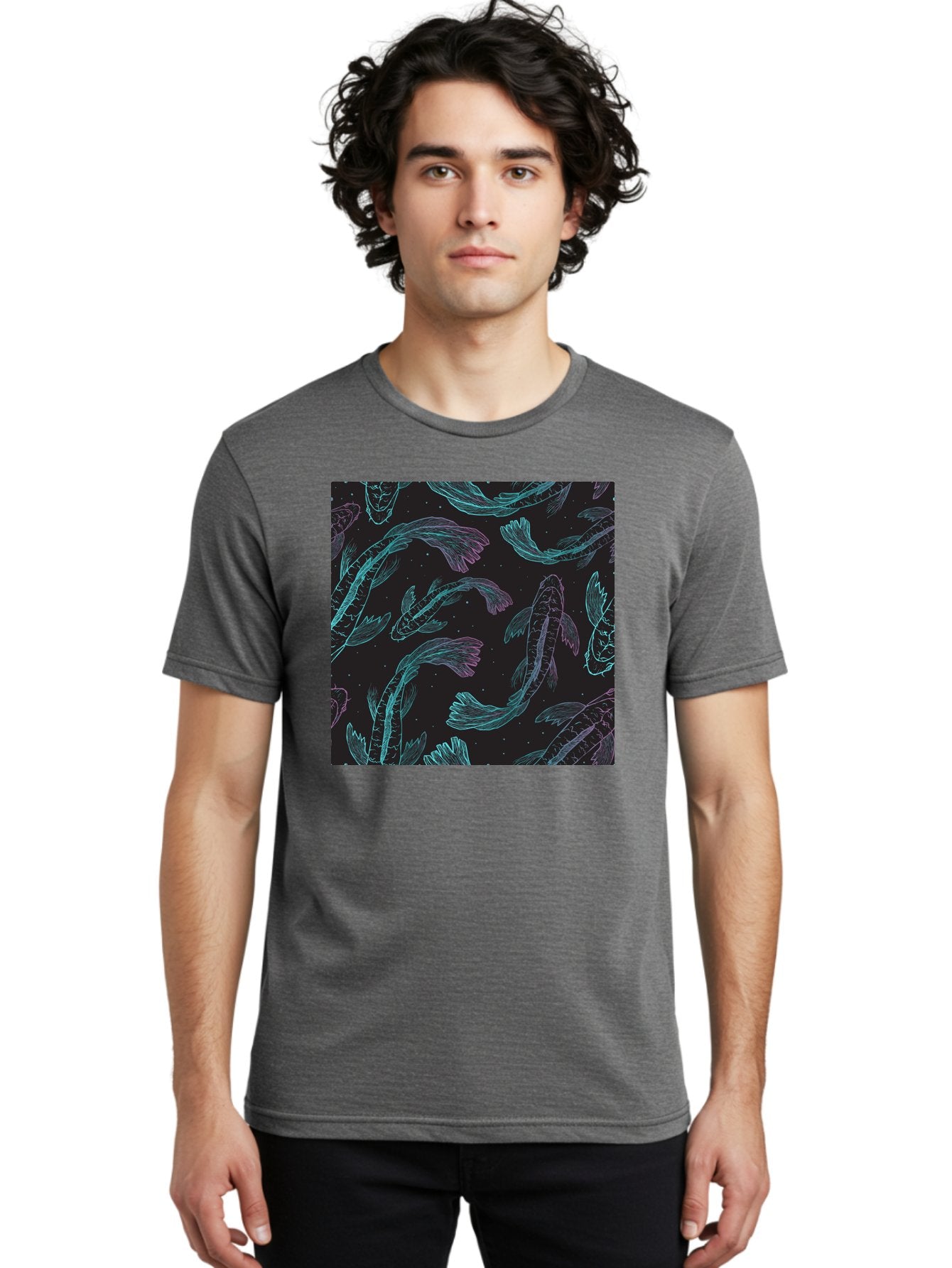 Koi-Fish-Pattern Men'S Graphic Tee, 100% Cotton, Comfortable Casual Summer Wear, Machine Washable, Koi Fish Pattern, Neon Koi, Fish Illustration, Aquatic Design, Vibrant Colors, Whimsical Artwork, Abstract Fish, Digital Art, Koi Fish Art, Aac401 23