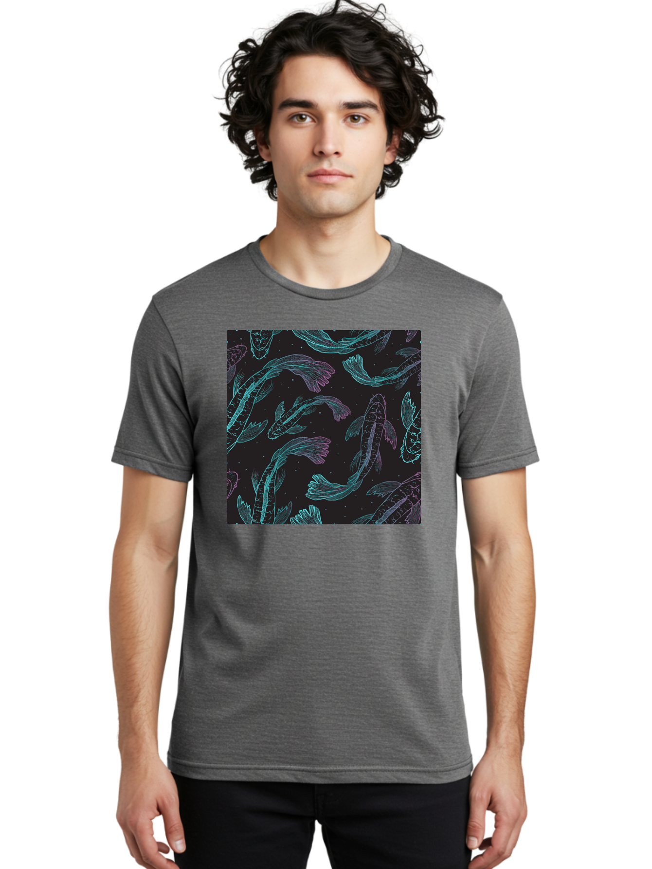 Koi-Fish-Pattern Men'S Graphic Tee, 100% Cotton, Comfortable Casual Summer Wear, Machine Washable, Koi Fish Pattern, Neon Koi, Fish Illustration, Aquatic Design, Vibrant Colors, Whimsical Artwork, Abstract Fish, Digital Art, Koi Fish Art, Aac401 16