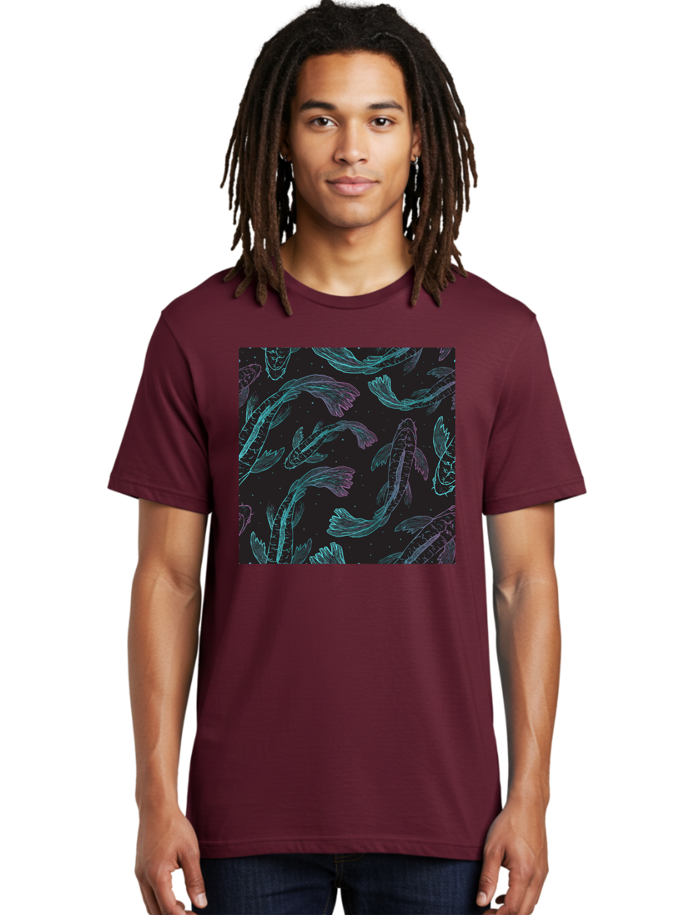 Koi-Fish-Pattern Men'S Graphic Tee, 100% Cotton, Comfortable Casual Summer Wear, Machine Washable, Koi Fish Pattern, Neon Koi, Fish Illustration, Aquatic Design, Vibrant Colors, Whimsical Artwork, Abstract Fish, Digital Art, Koi Fish Art, Aac401 10