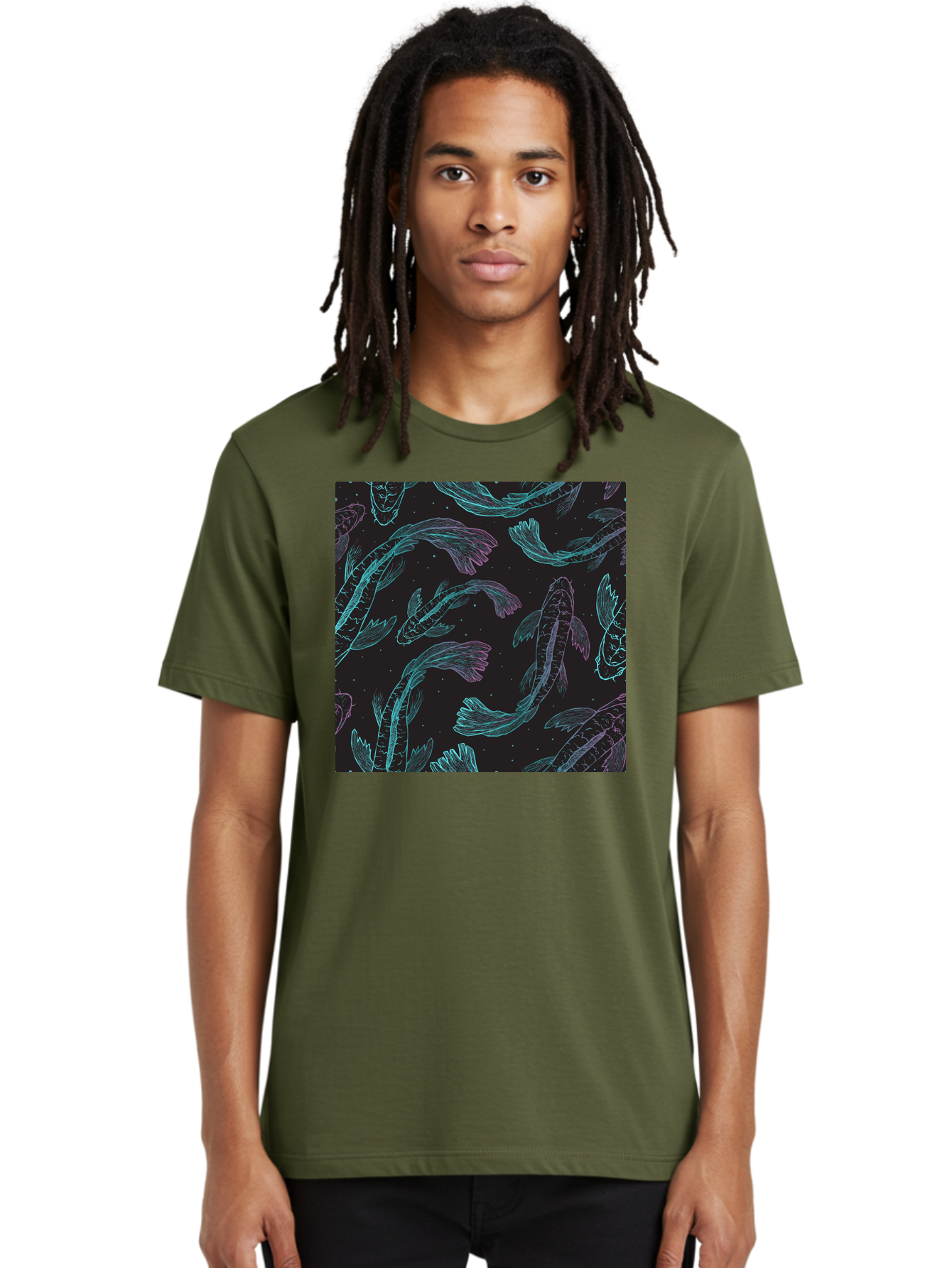 Koi-Fish-Pattern Men'S Graphic Tee, 100% Cotton, Comfortable Casual Summer Wear, Machine Washable, Koi Fish Pattern, Neon Koi, Fish Illustration, Aquatic Design, Vibrant Colors, Whimsical Artwork, Abstract Fish, Digital Art, Koi Fish Art, Aac401 24