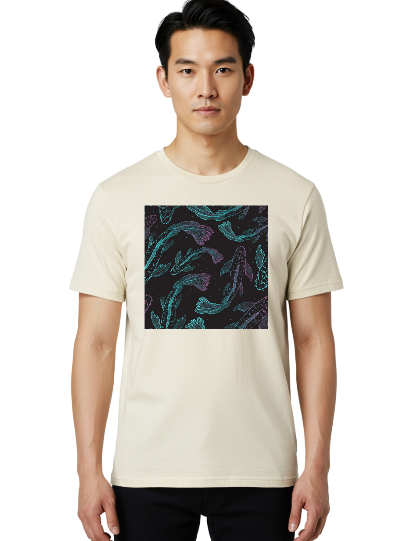Koi-Fish-Pattern Men'S Graphic Tee, 100% Cotton, Comfortable Casual Summer Wear, Machine Washable, Koi Fish Pattern, Neon Koi, Fish Illustration, Aquatic Design, Vibrant Colors, Whimsical Artwork, Abstract Fish, Digital Art, Koi Fish Art, Aac401 6