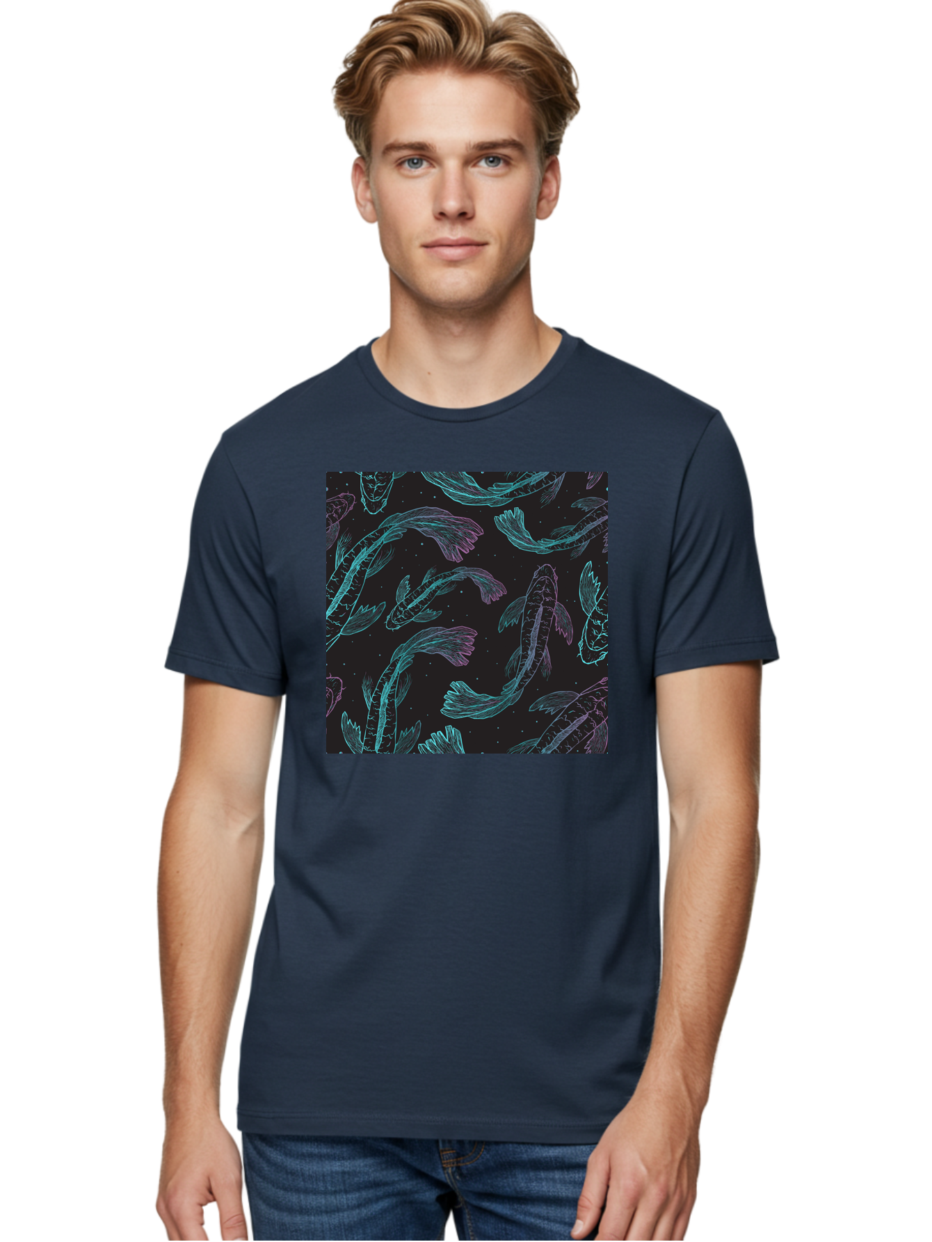 Koi-Fish-Pattern Men'S Graphic Tee, 100% Cotton, Comfortable Casual Summer Wear, Machine Washable, Koi Fish Pattern, Neon Koi, Fish Illustration, Aquatic Design, Vibrant Colors, Whimsical Artwork, Abstract Fish, Digital Art, Koi Fish Art, Aac401 30