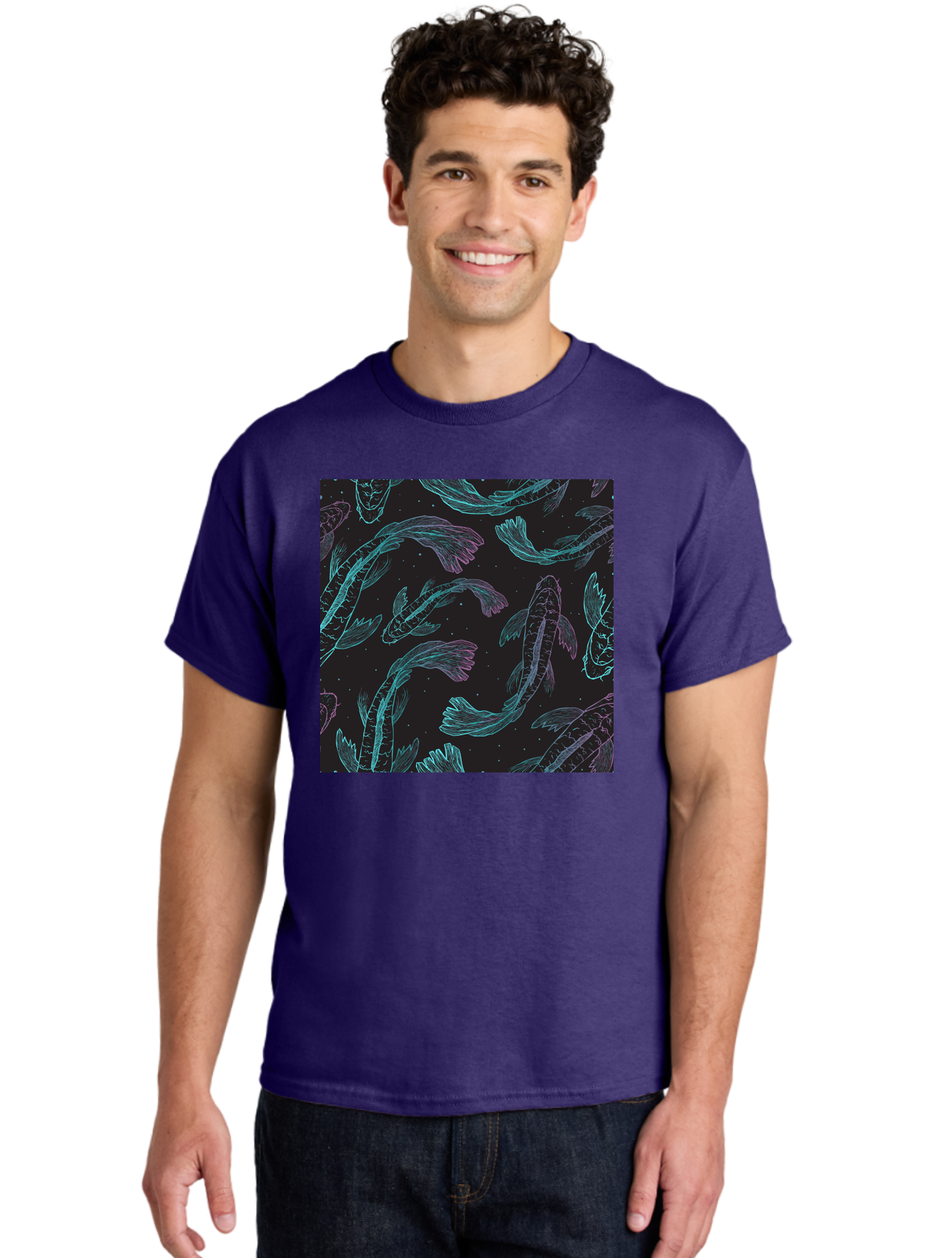 Koi-Fish-Pattern Men'S Graphic Tee, 100% Cotton, Comfortable Casual Summer Wear, Machine Washable, Koi Fish Pattern, Neon Koi, Fish Illustration, Aquatic Design, Vibrant Colors, Whimsical Artwork, Abstract Fish, Digital Art, Koi Fish Art, Aac401 22