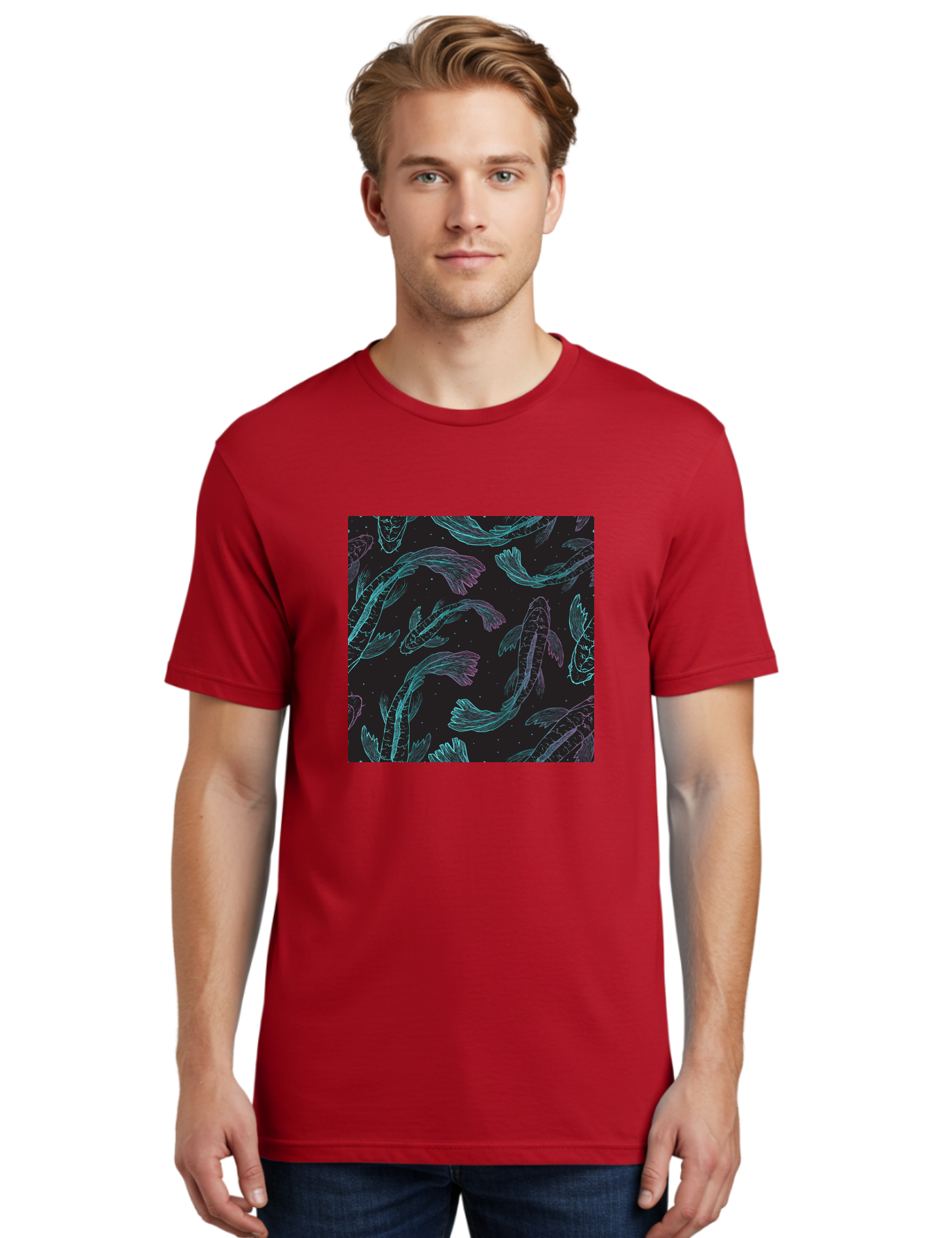 Koi-Fish-Pattern Men'S Graphic Tee, 100% Cotton, Comfortable Casual Summer Wear, Machine Washable, Koi Fish Pattern, Neon Koi, Fish Illustration, Aquatic Design, Vibrant Colors, Whimsical Artwork, Abstract Fish, Digital Art, Koi Fish Art, Aac401 8