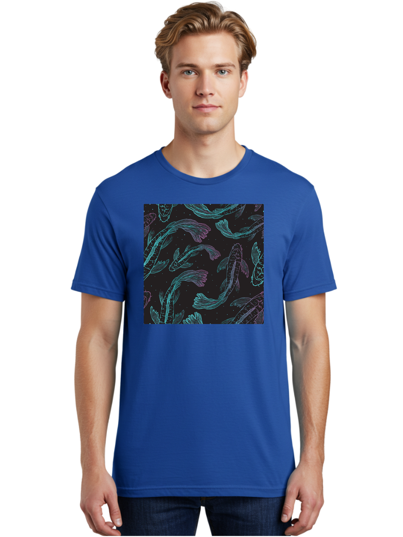 Koi-Fish-Pattern Men'S Graphic Tee, 100% Cotton, Comfortable Casual Summer Wear, Machine Washable, Koi Fish Pattern, Neon Koi, Fish Illustration, Aquatic Design, Vibrant Colors, Whimsical Artwork, Abstract Fish, Digital Art, Koi Fish Art, Aac401 12