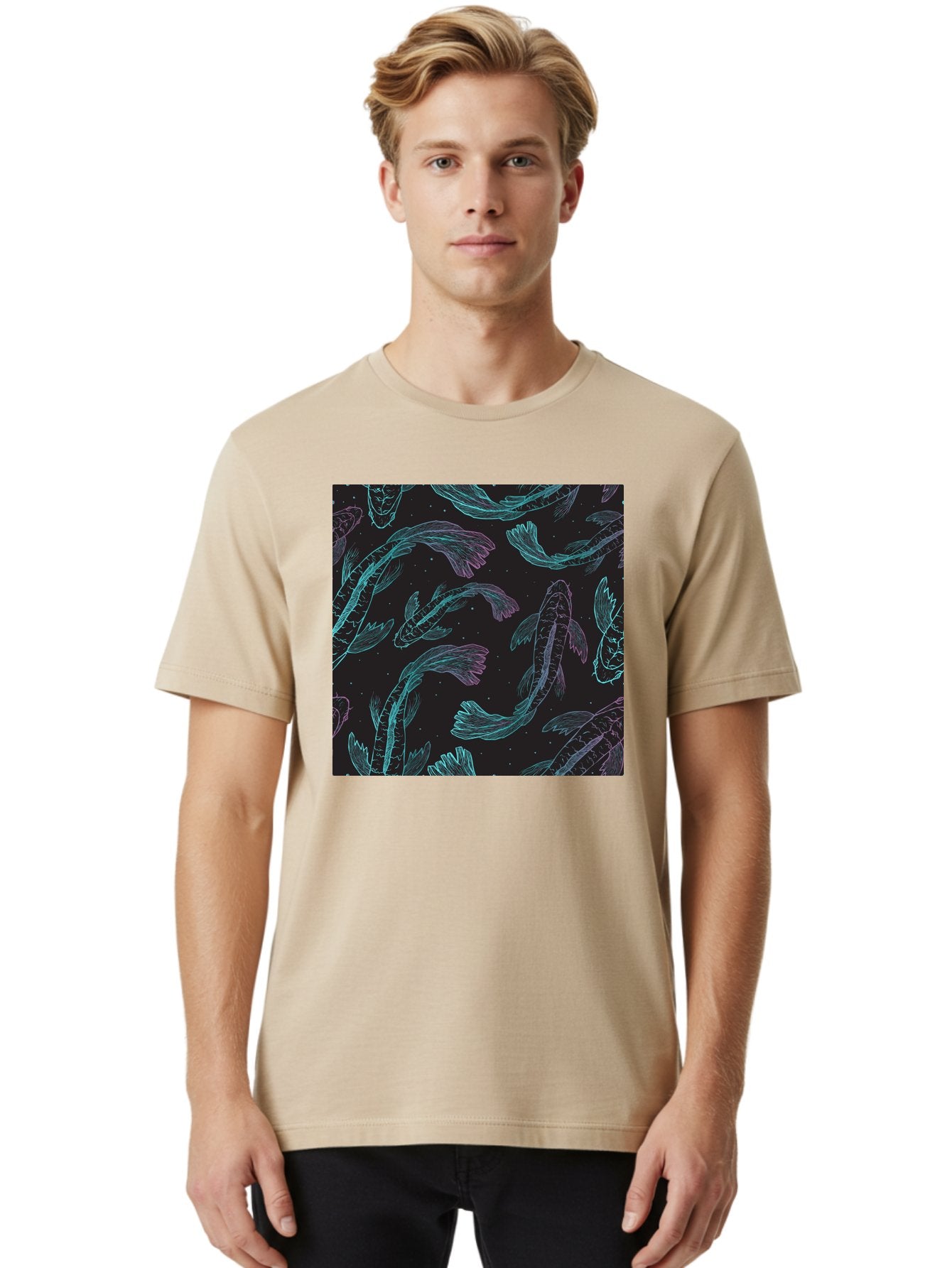 Koi-Fish-Pattern Men'S Graphic Tee, 100% Cotton, Comfortable Casual Summer Wear, Machine Washable, Koi Fish Pattern, Neon Koi, Fish Illustration, Aquatic Design, Vibrant Colors, Whimsical Artwork, Abstract Fish, Digital Art, Koi Fish Art, Aac401 29
