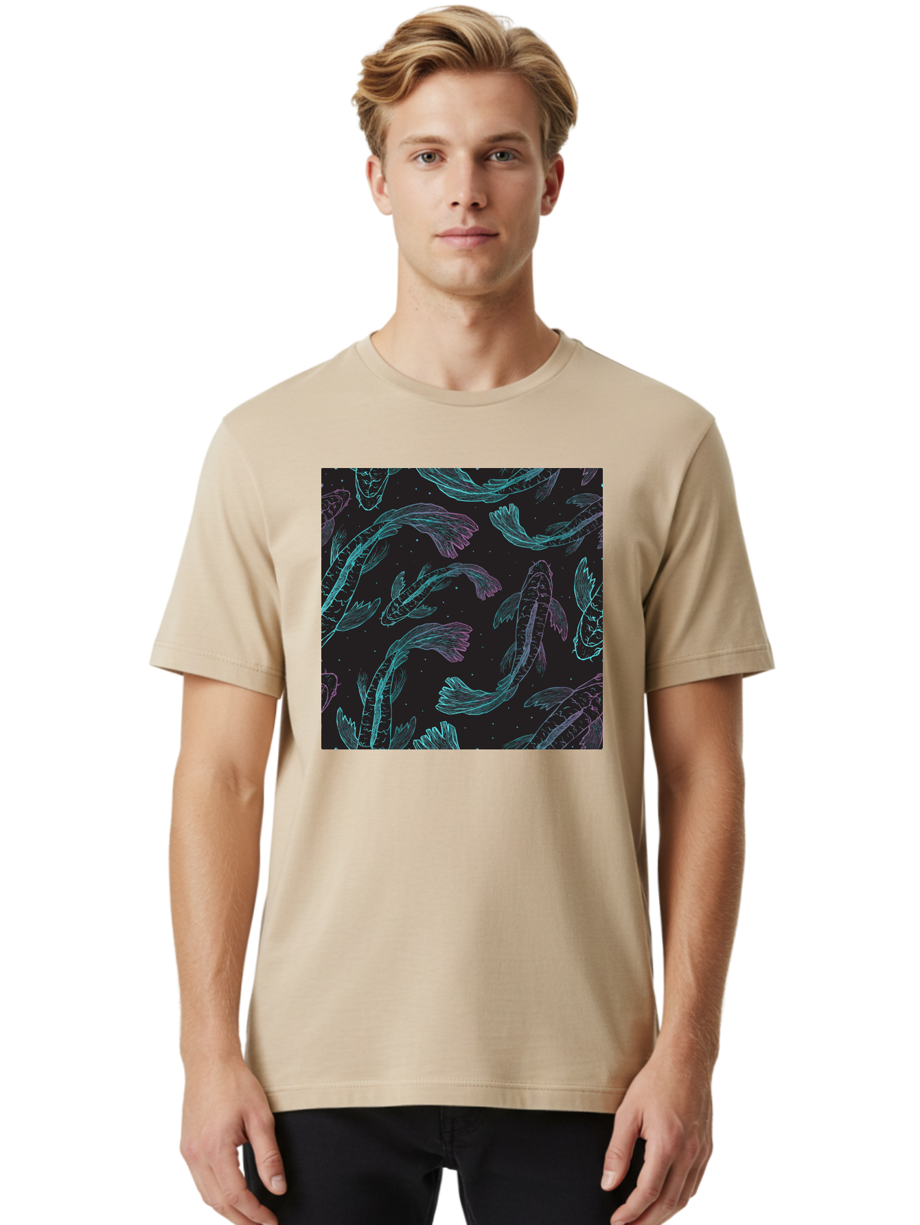 Koi-Fish-Pattern Men'S Graphic Tee, 100% Cotton, Comfortable Casual Summer Wear, Machine Washable, Koi Fish Pattern, Neon Koi, Fish Illustration, Aquatic Design, Vibrant Colors, Whimsical Artwork, Abstract Fish, Digital Art, Koi Fish Art, Aac401 4