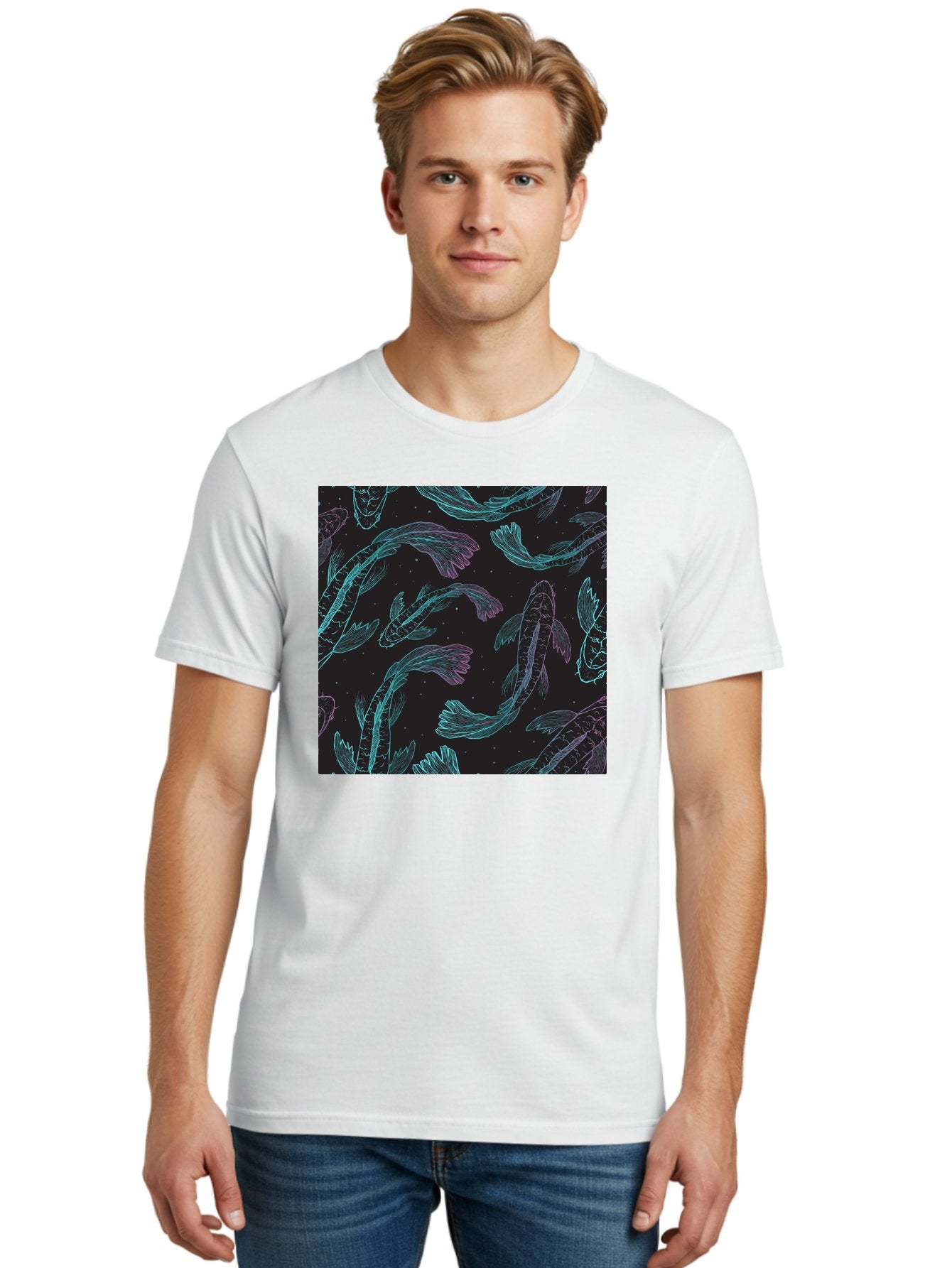 Koi-Fish-Pattern Men'S Graphic Tee, 100% Cotton, Comfortable Casual Summer Wear, Machine Washable, Koi Fish Pattern, Neon Koi, Fish Illustration, Aquatic Design, Vibrant Colors, Whimsical Artwork, Abstract Fish, Digital Art, Koi Fish Art, Aac401 17