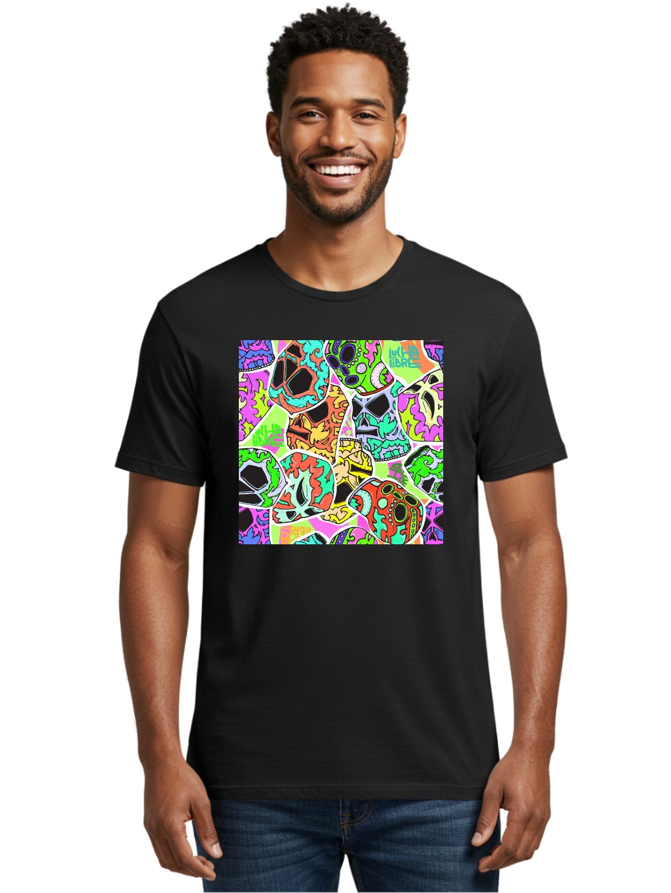 Lull-Em-Bars-Sugar-Skulls Men'S Graphic Tee, 100% Cotton, Comfortable Casual Summer Wear, Machine Washable, Psychedelic Skulls, Vibrant Colors, Floral Patterns, Abstract Designs, Colorful Artwork, Skull Art, Digital Illustration, Lull 'Em Bars Aac403 16