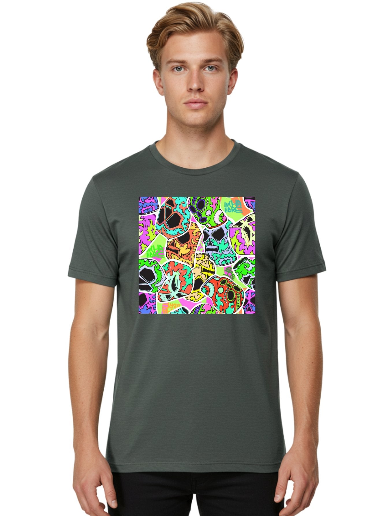 Lull-Em-Bars-Sugar-Skulls Men'S Graphic Tee, 100% Cotton, Comfortable Casual Summer Wear, Machine Washable, Psychedelic Skulls, Vibrant Colors, Floral Patterns, Abstract Designs, Colorful Artwork, Skull Art, Digital Illustration, Lull 'Em Bars Aac403 23