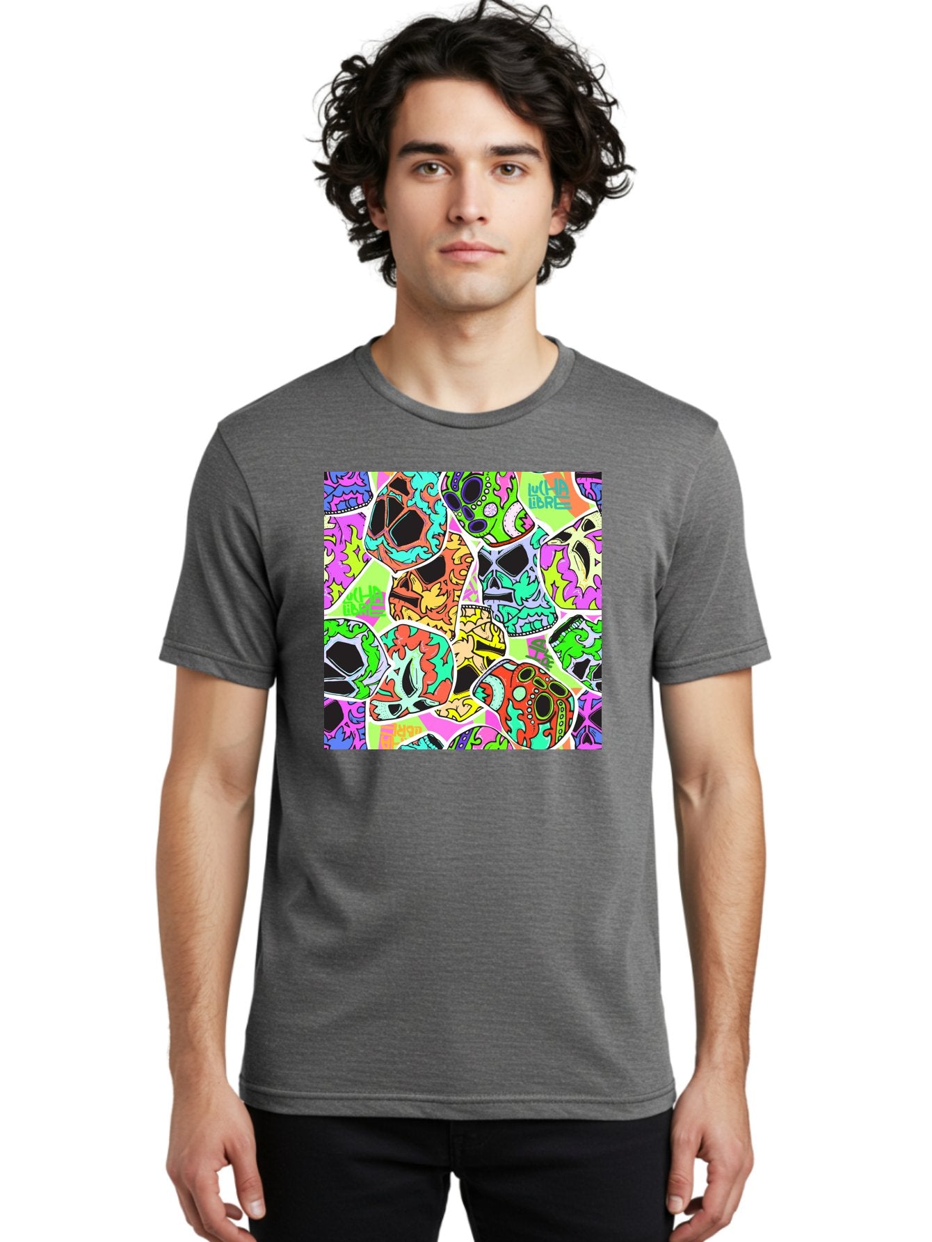 Lull-Em-Bars-Sugar-Skulls Men'S Graphic Tee, 100% Cotton, Comfortable Casual Summer Wear, Machine Washable, Psychedelic Skulls, Vibrant Colors, Floral Patterns, Abstract Designs, Colorful Artwork, Skull Art, Digital Illustration, Lull 'Em Bars Aac403 26