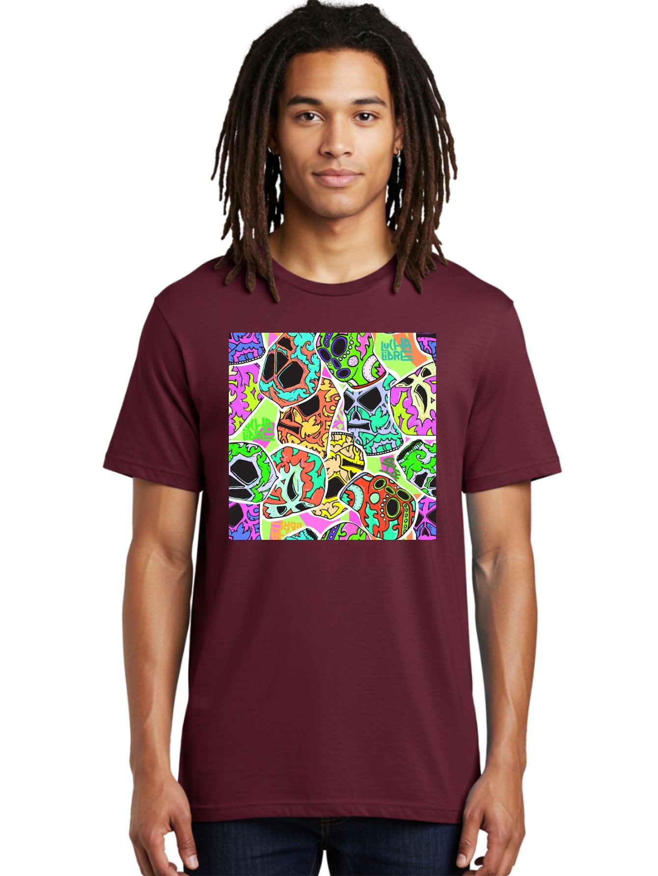 Lull-Em-Bars-Sugar-Skulls Men'S Graphic Tee, 100% Cotton, Comfortable Casual Summer Wear, Machine Washable, Psychedelic Skulls, Vibrant Colors, Floral Patterns, Abstract Designs, Colorful Artwork, Skull Art, Digital Illustration, Lull 'Em Bars Aac403 22